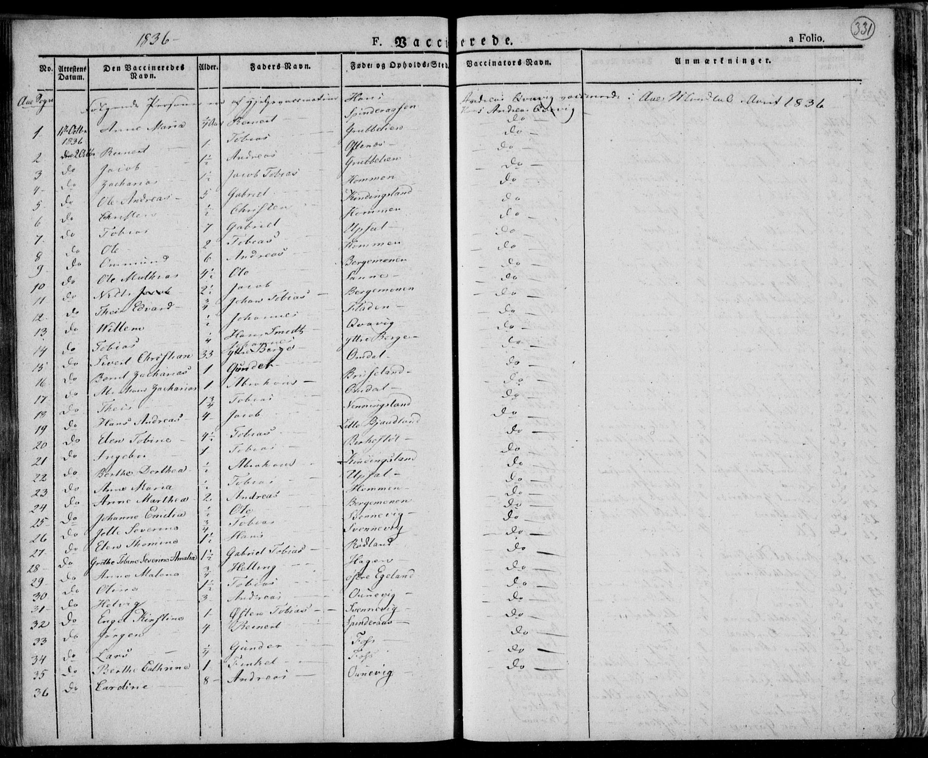 Lyngdal sokneprestkontor, SAK/1111-0029/F/Fa/Fac/L0007: Parish register (official) no. A 7, 1825-1838, p. 331