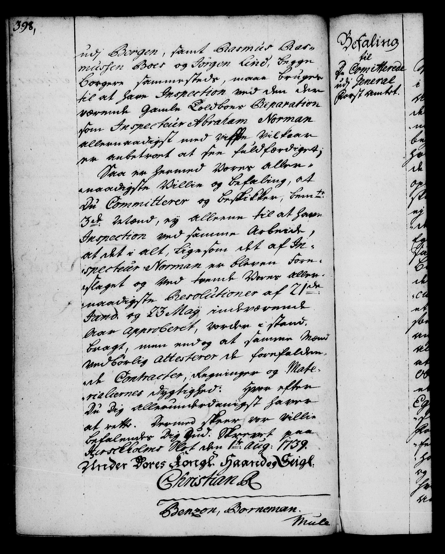 Rentekammeret, Kammerkanselliet, RA/EA-3111/G/Gg/Gga/L0004: Norsk ekspedisjonsprotokoll med register (merket RK 53.4), 1734-1741, p. 398