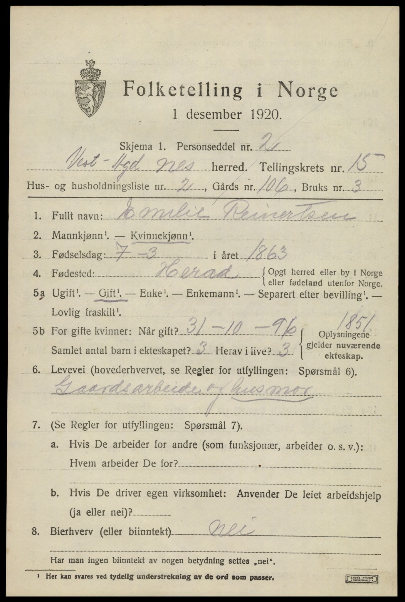 SAK, 1920 census for Nes (V-A), 1920, p. 5604