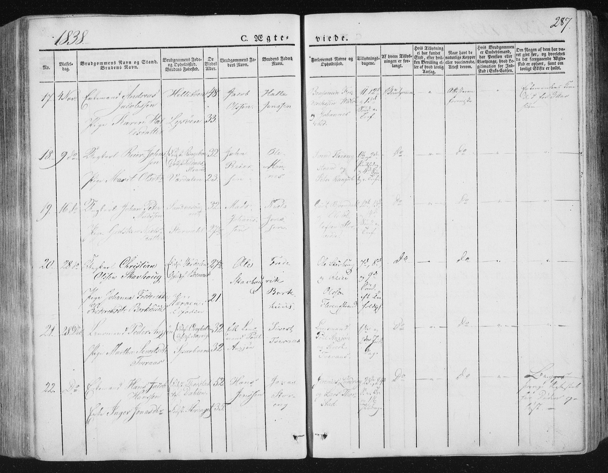 Ministerialprotokoller, klokkerbøker og fødselsregistre - Nord-Trøndelag, AV/SAT-A-1458/784/L0669: Parish register (official) no. 784A04, 1829-1859, p. 287