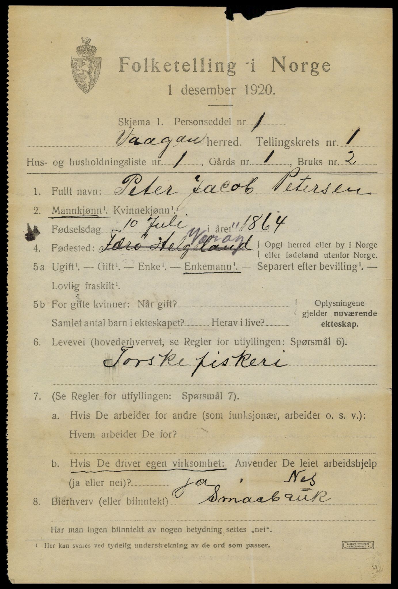 SAT, 1920 census for Vågan, 1920, p. 1449