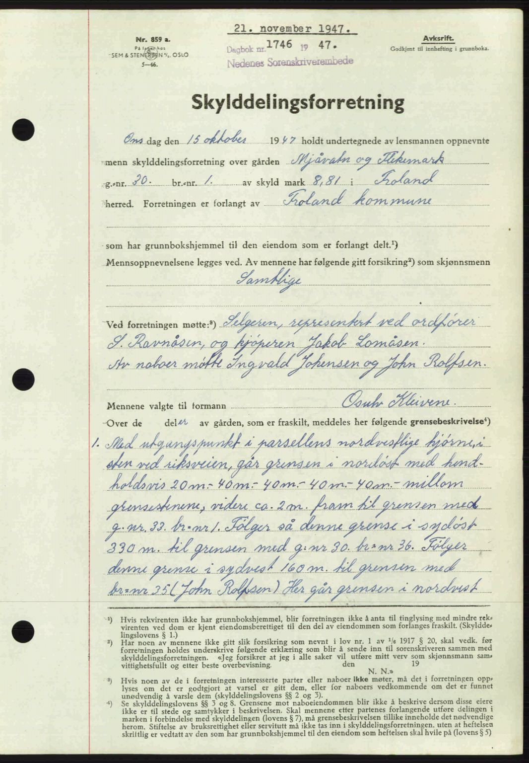 Nedenes sorenskriveri, AV/SAK-1221-0006/G/Gb/Gba/L0058: Mortgage book no. A10, 1947-1948, Diary no: : 1746/1947