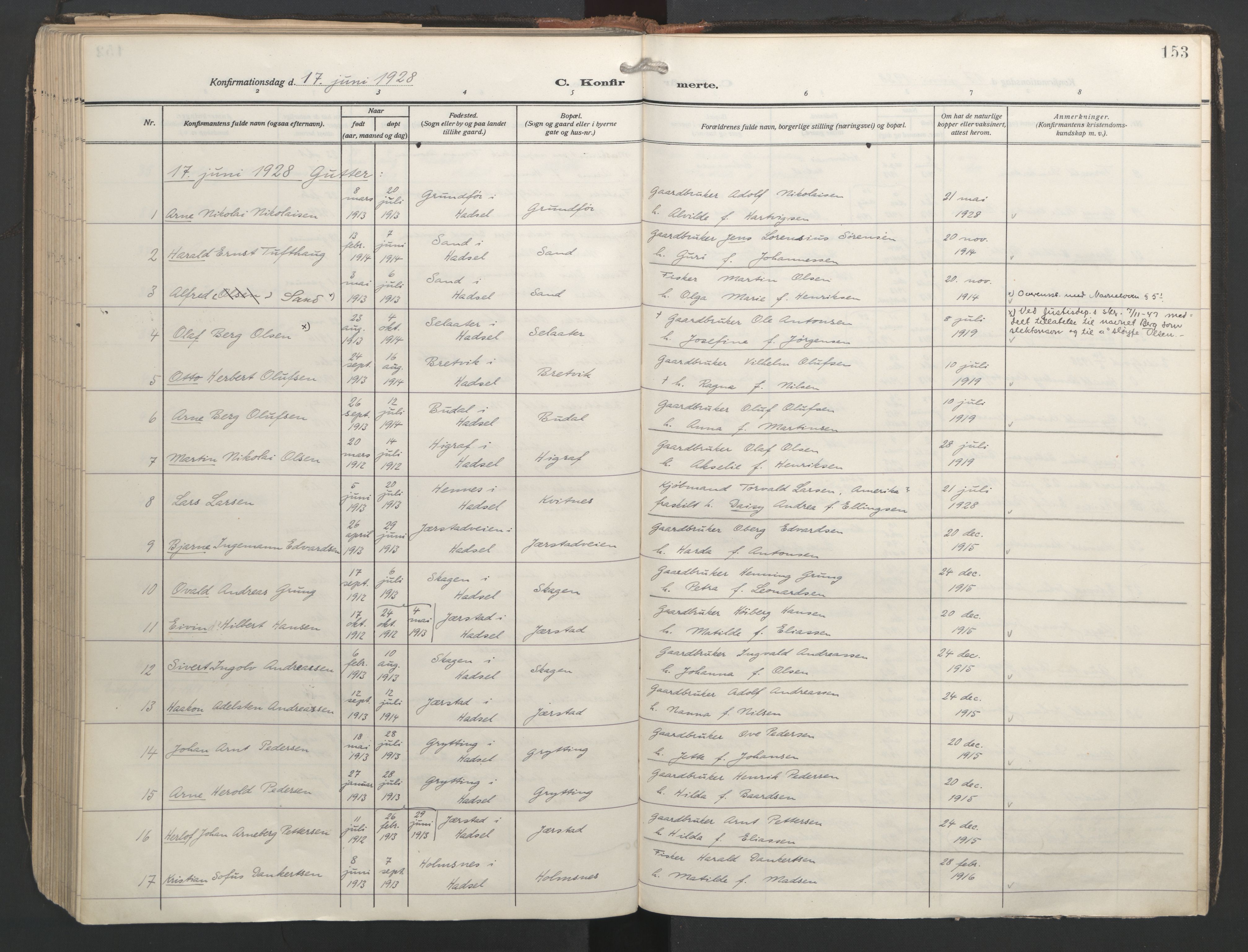 Ministerialprotokoller, klokkerbøker og fødselsregistre - Nordland, AV/SAT-A-1459/888/L1249: Parish register (official) no. 888A15, 1911-1929, p. 153