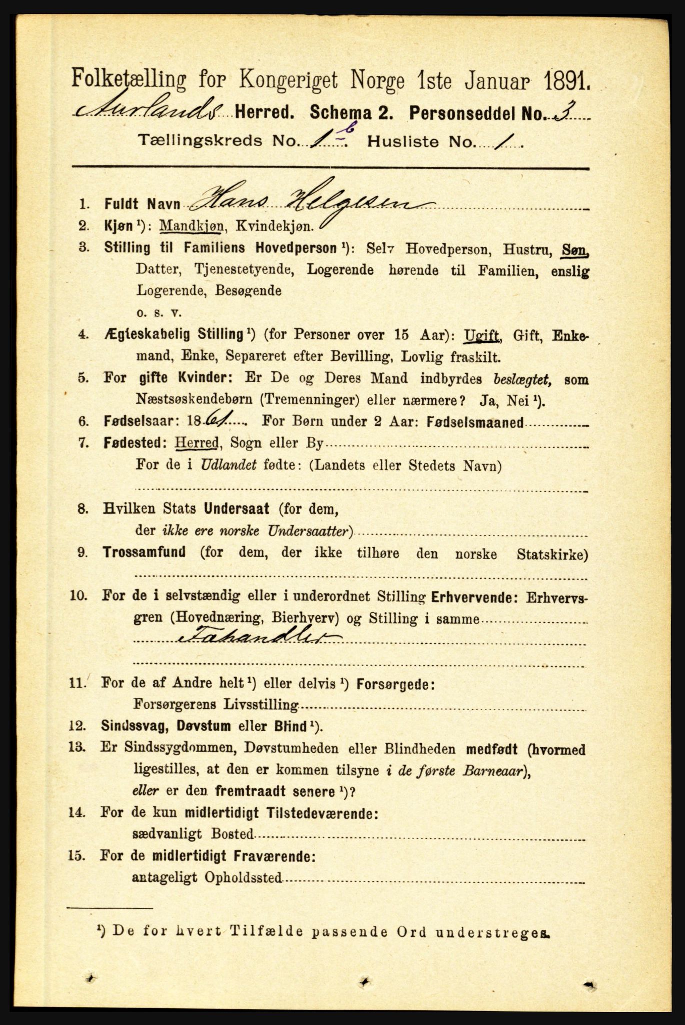 RA, 1891 census for 1421 Aurland, 1891, p. 156