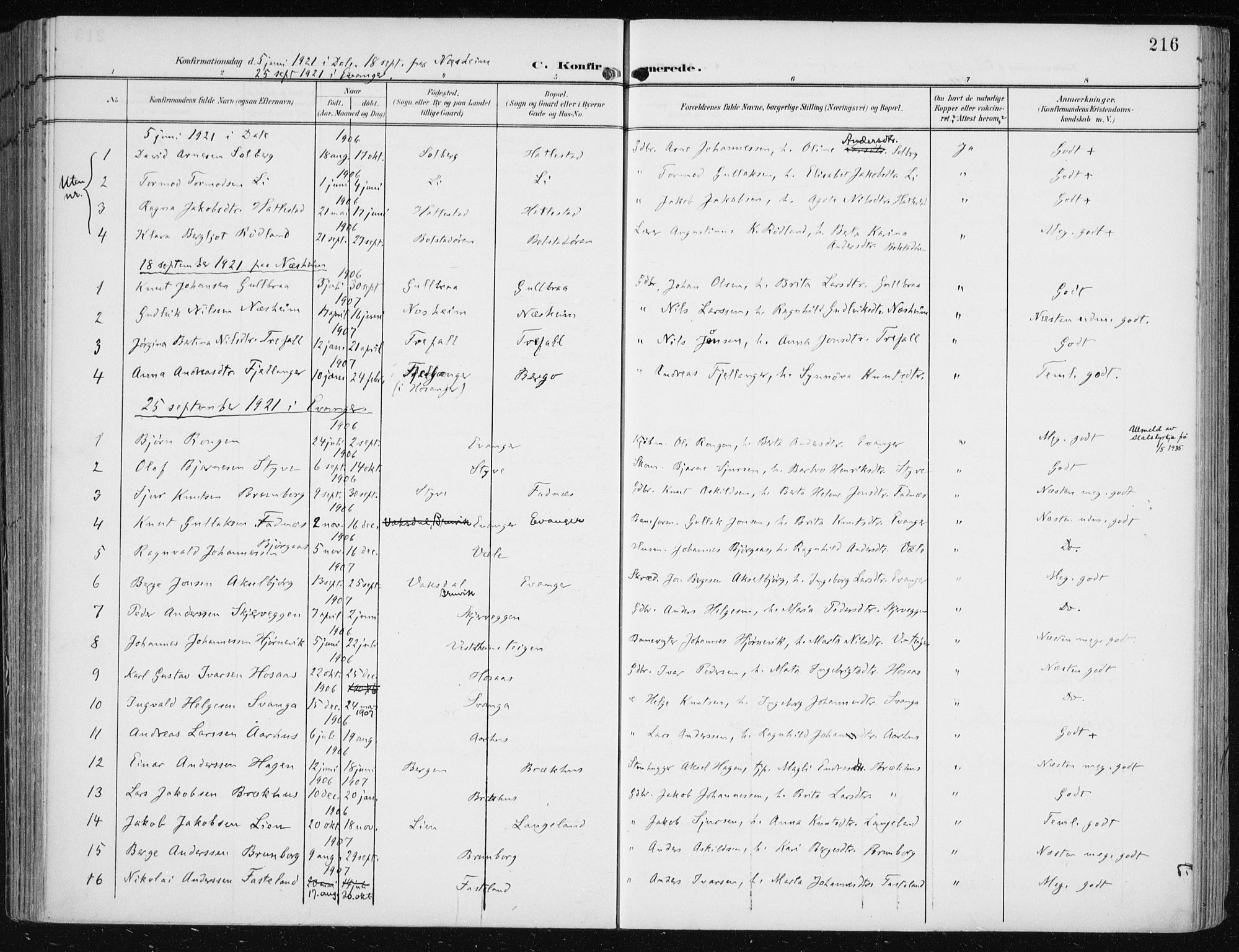 Evanger sokneprestembete, SAB/A-99924: Parish register (official) no. A  3, 1900-1930, p. 216