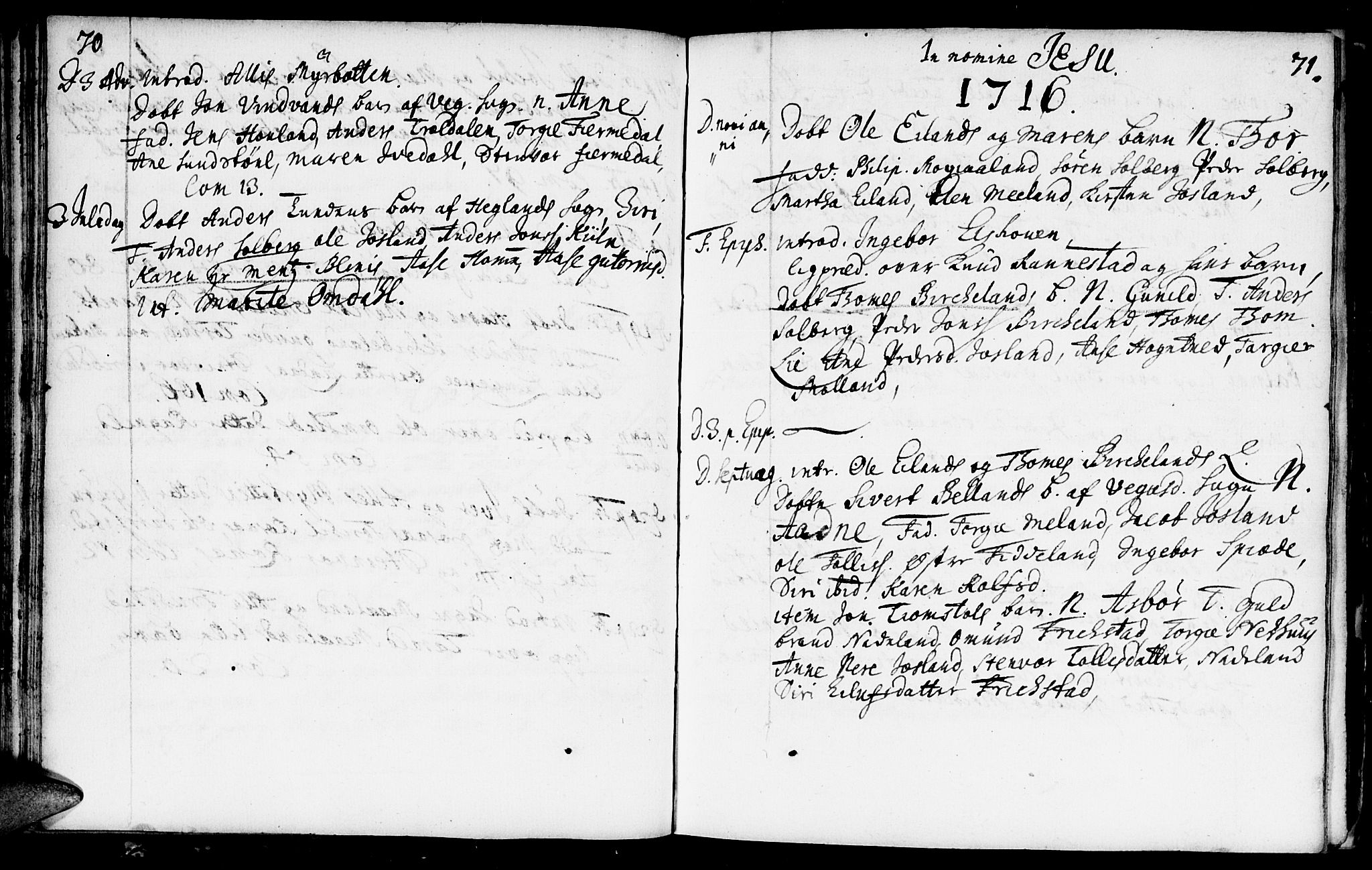 Evje sokneprestkontor, AV/SAK-1111-0008/F/Fa/Fac/L0001: Parish register (official) no. A 1, 1705-1764, p. 70-71