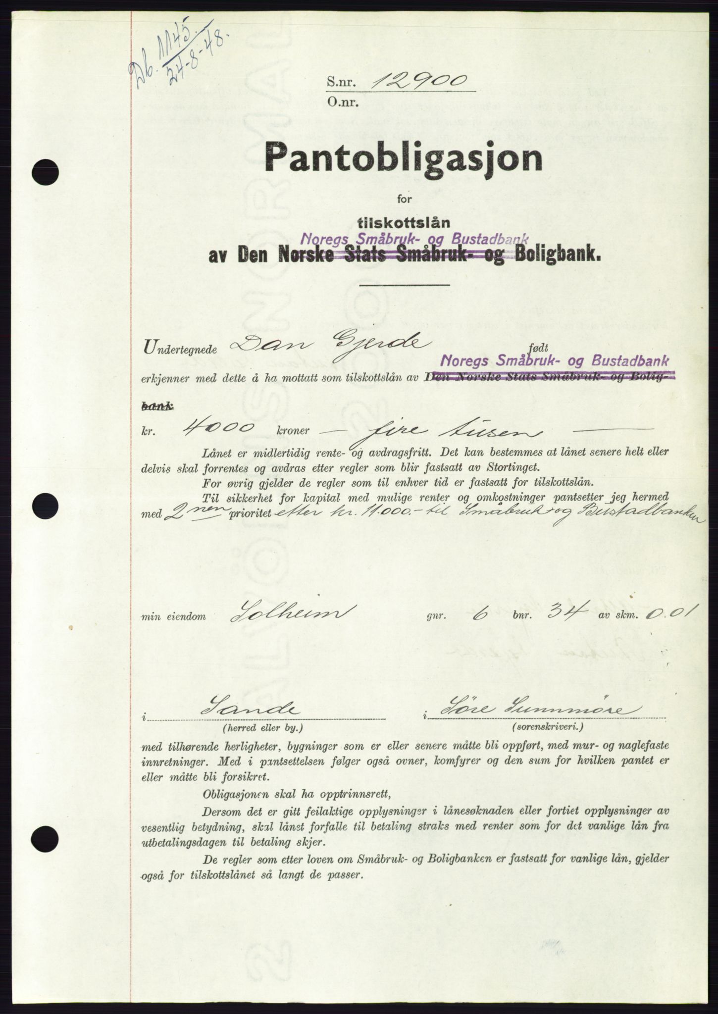 Søre Sunnmøre sorenskriveri, AV/SAT-A-4122/1/2/2C/L0116: Mortgage book no. 4B, 1948-1949, Diary no: : 1145/1948