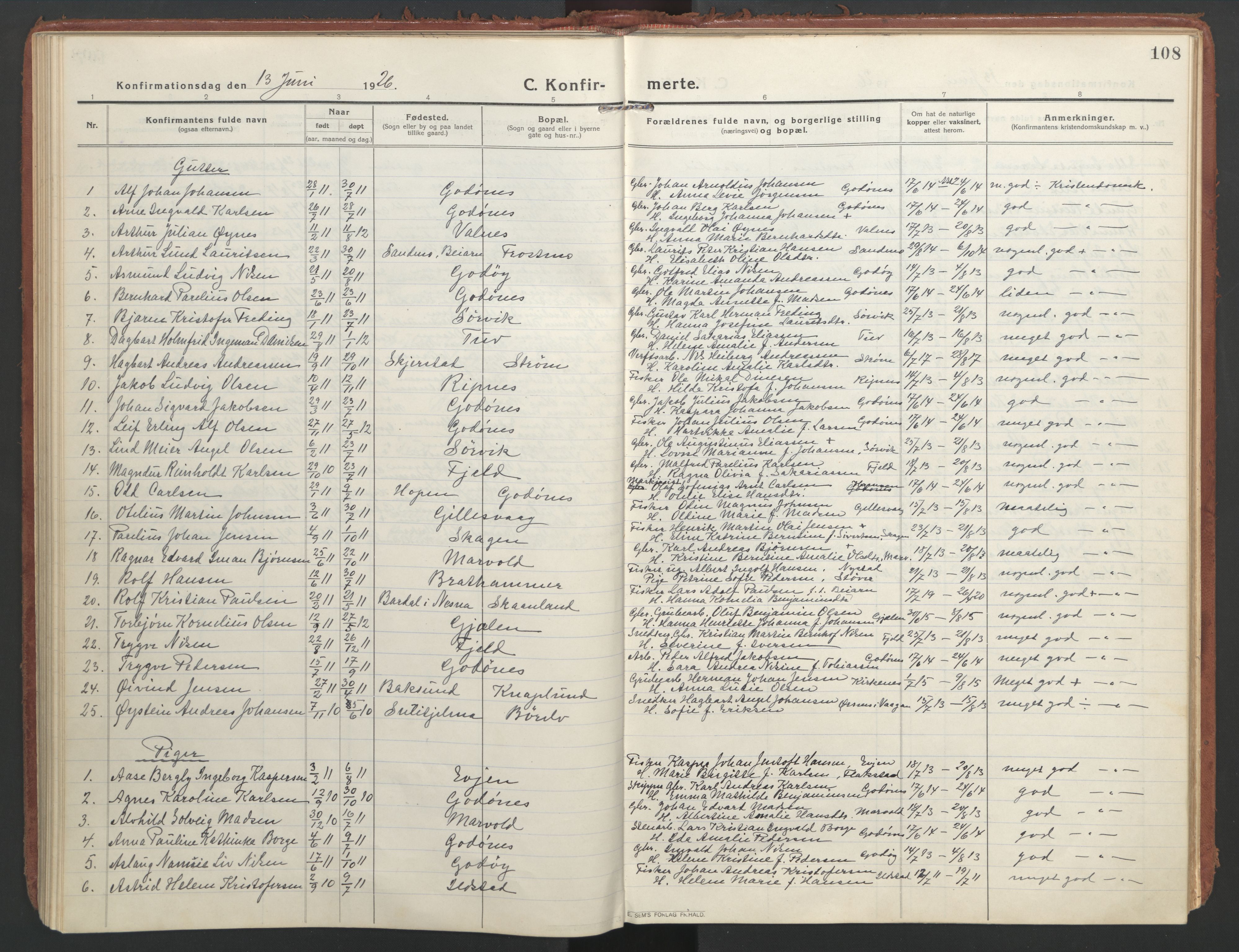 Ministerialprotokoller, klokkerbøker og fødselsregistre - Nordland, SAT/A-1459/804/L0086: Parish register (official) no. 804A07, 1916-1935, p. 108