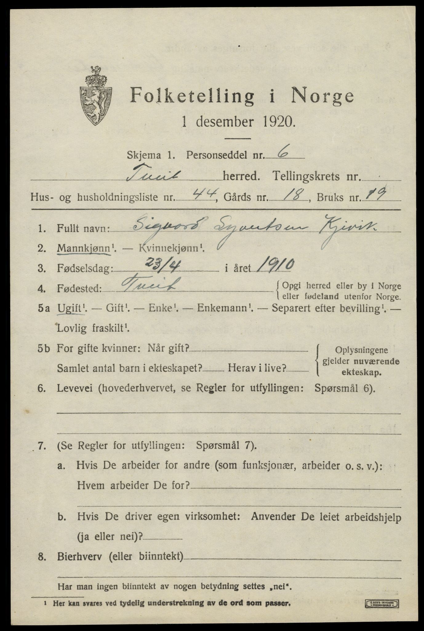 SAK, 1920 census for Tveit, 1920, p. 3190