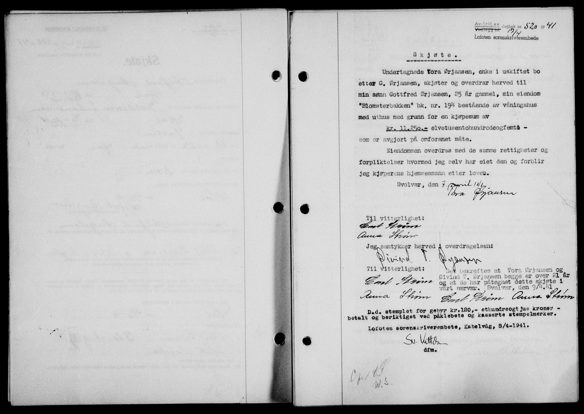 Lofoten sorenskriveri, SAT/A-0017/1/2/2C/L0008a: Mortgage book no. 8a, 1940-1941, Diary no: : 520/1941