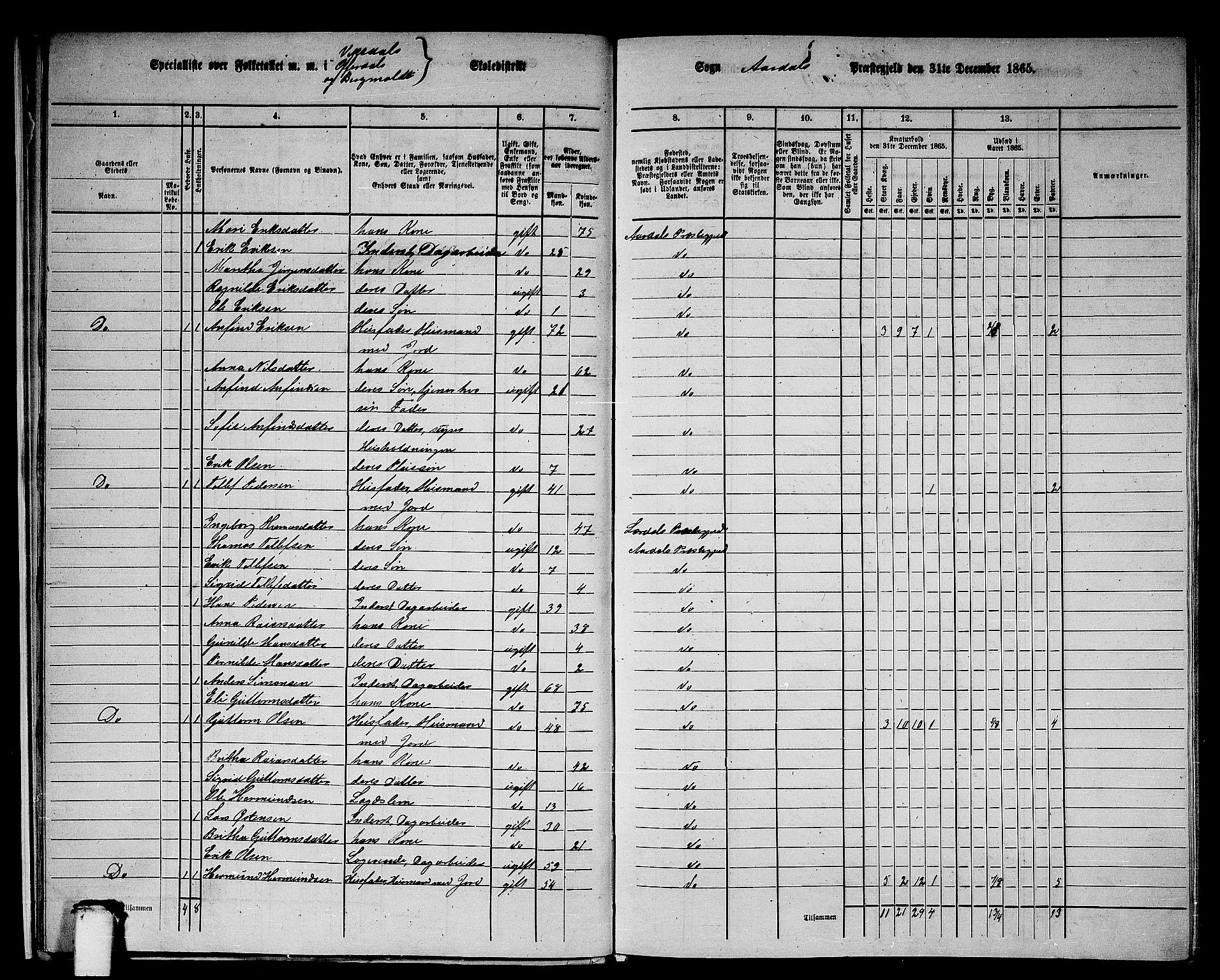 RA, 1865 census for Årdal, 1865, p. 16