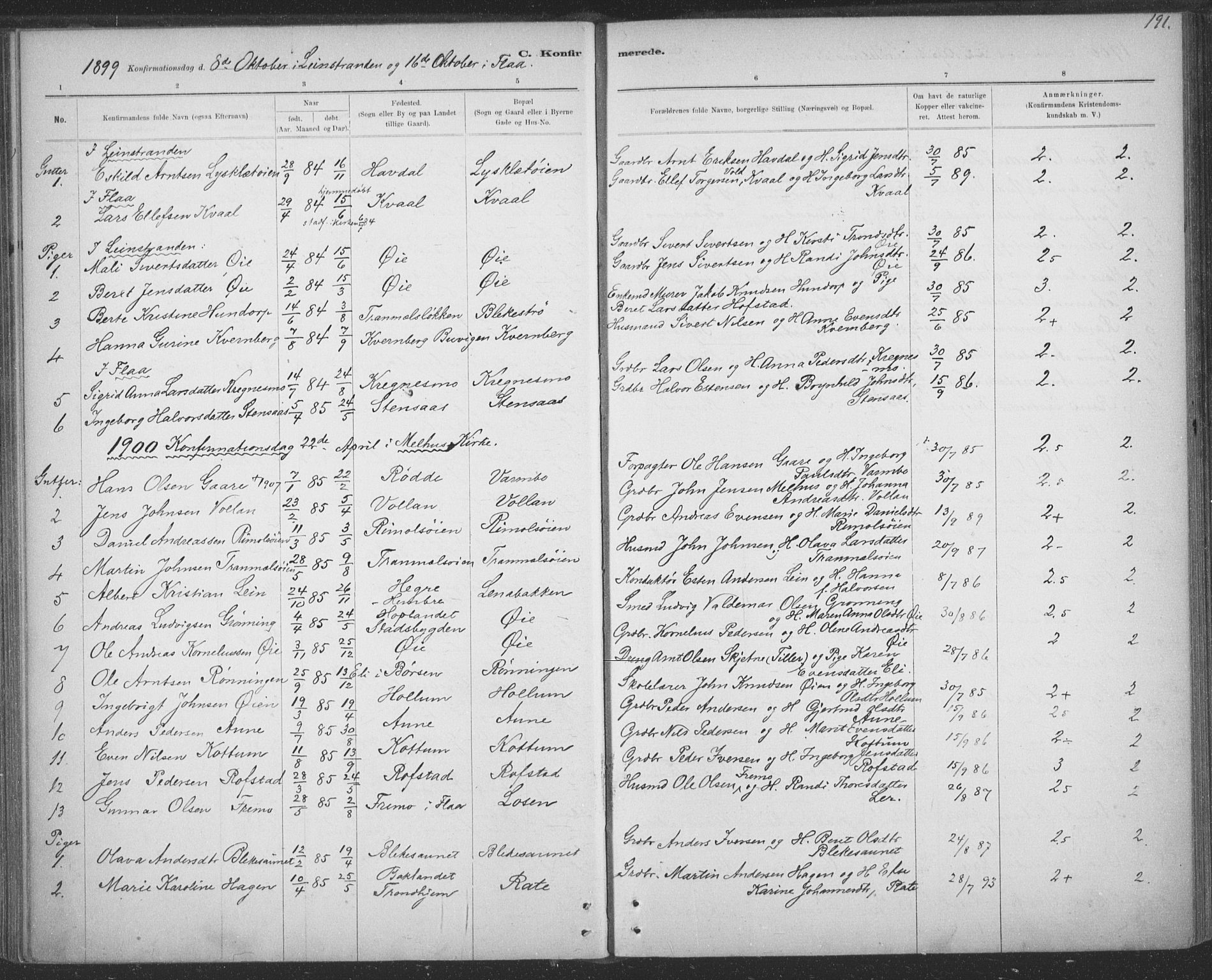Ministerialprotokoller, klokkerbøker og fødselsregistre - Sør-Trøndelag, SAT/A-1456/691/L1085: Parish register (official) no. 691A17, 1887-1908, p. 191
