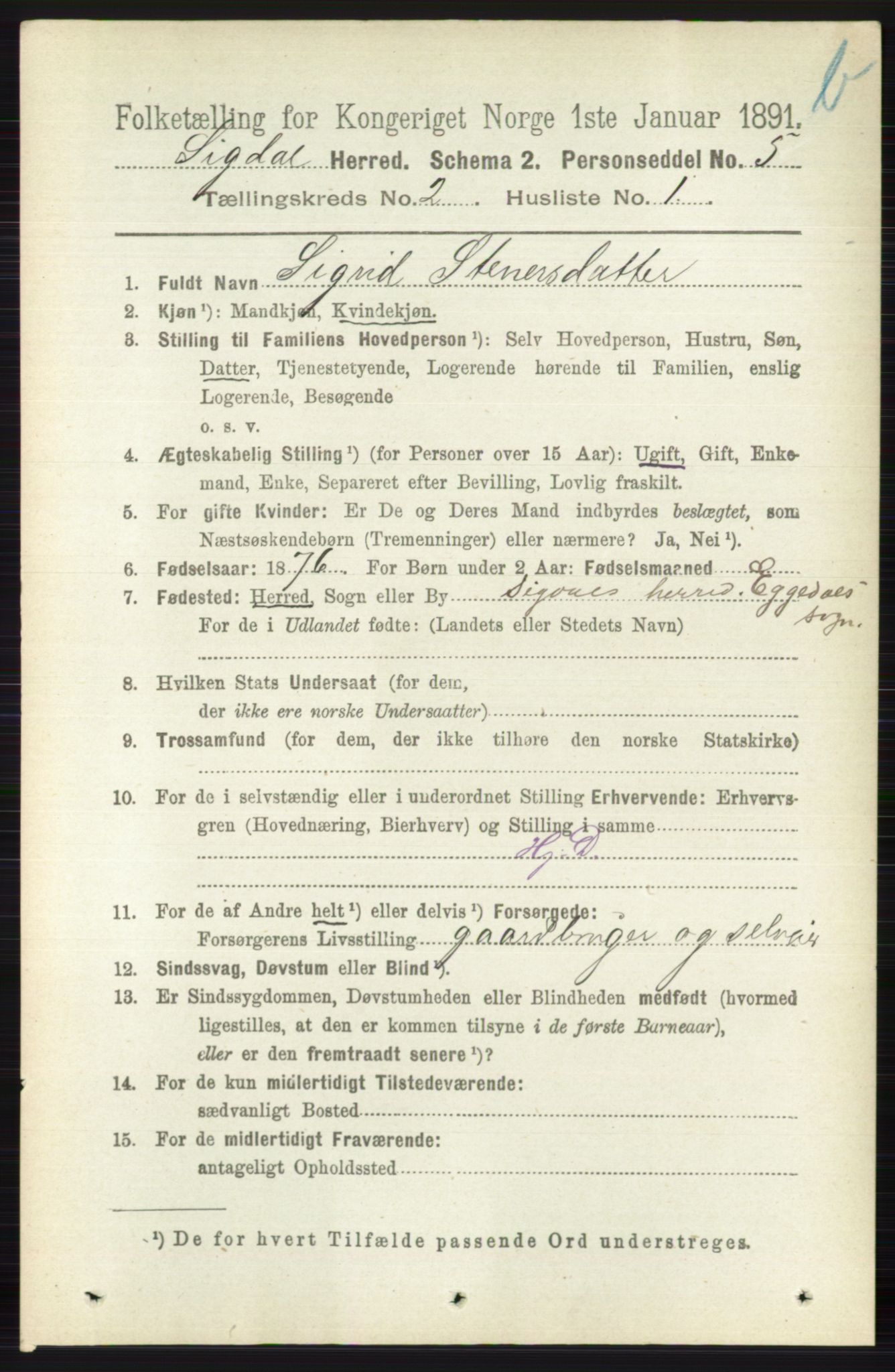 RA, 1891 census for 0621 Sigdal, 1891, p. 3922