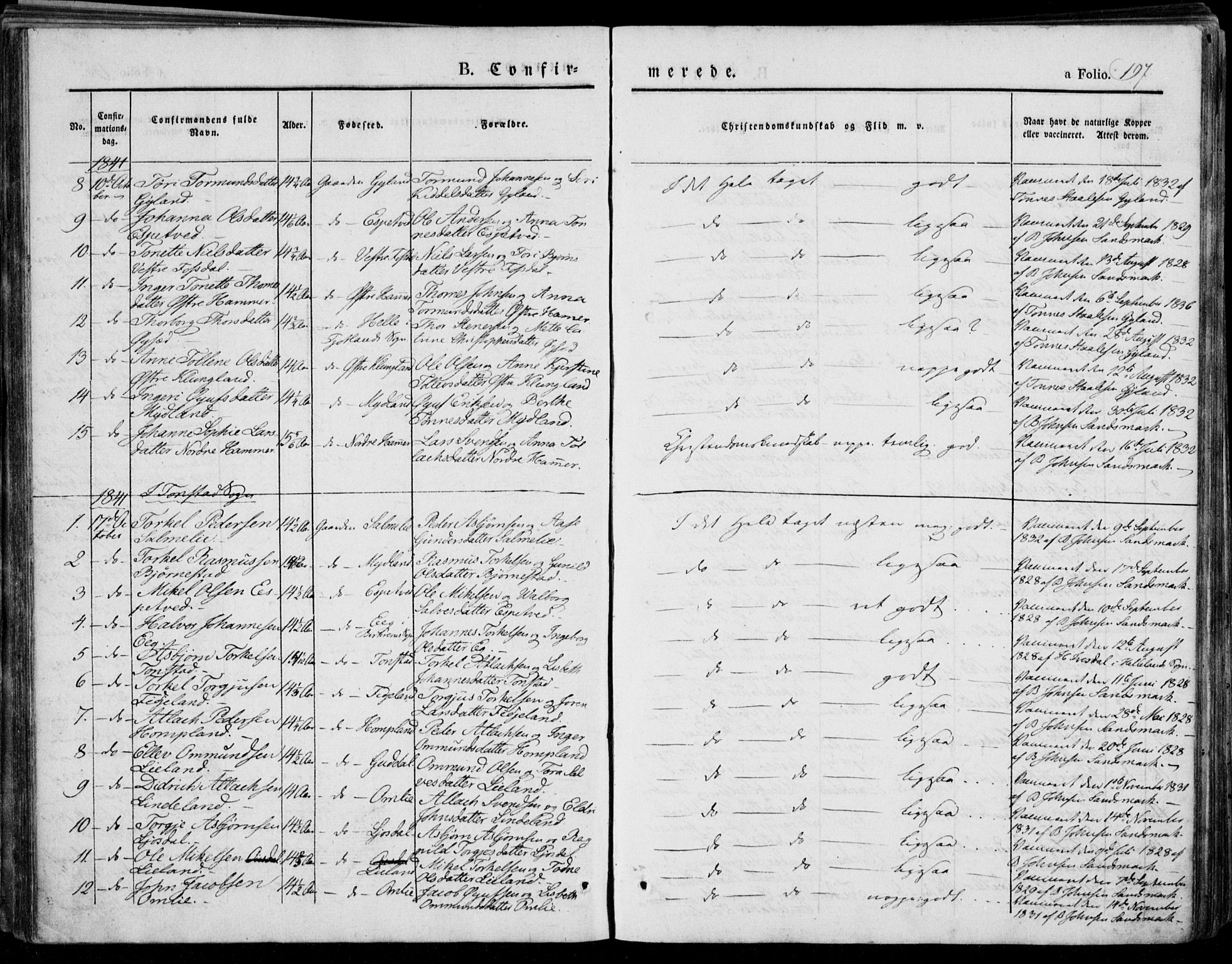 Bakke sokneprestkontor, AV/SAK-1111-0002/F/Fa/Faa/L0004: Parish register (official) no. A 4, 1834-1846, p. 197