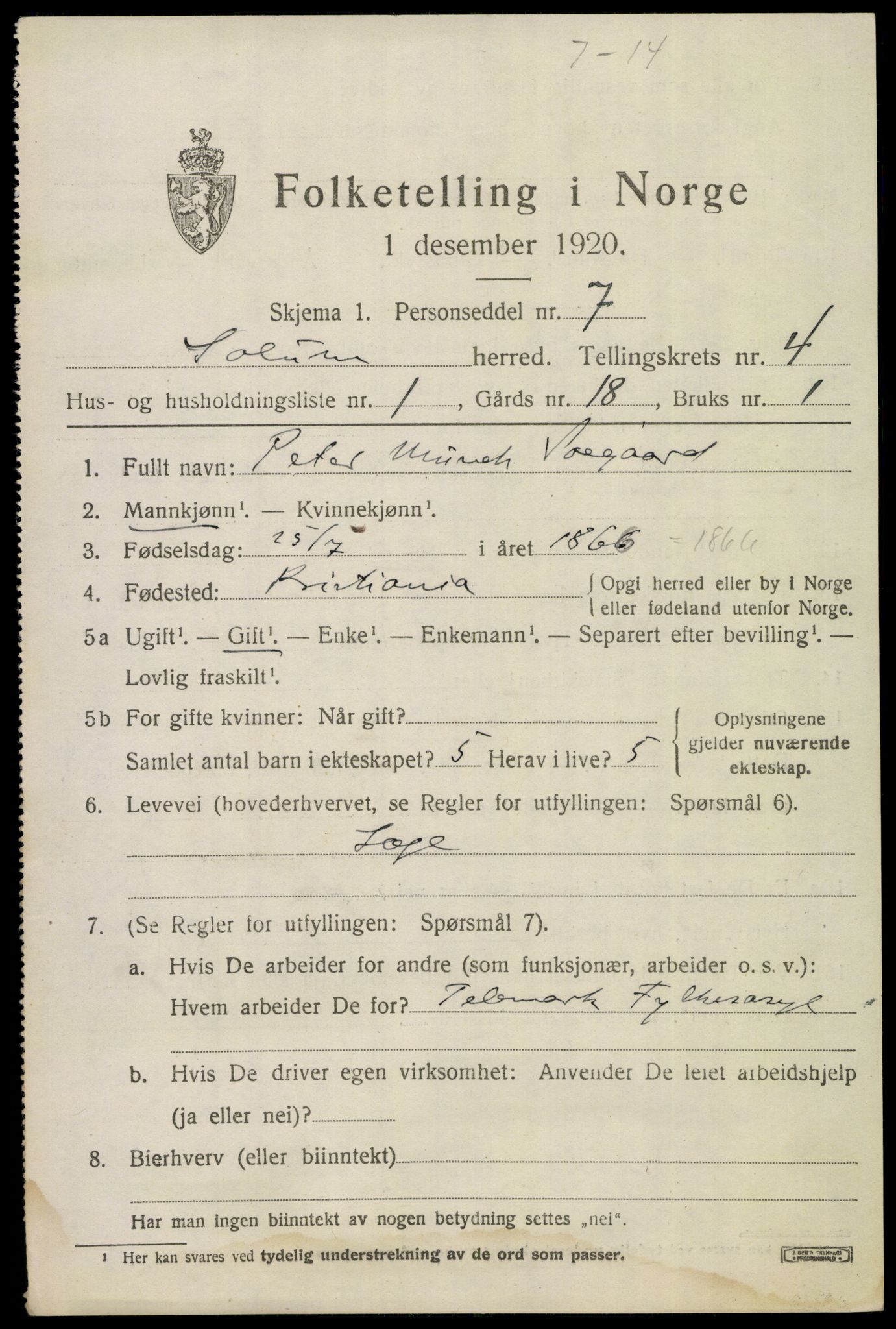 SAKO, 1920 census for Solum, 1920, p. 8186