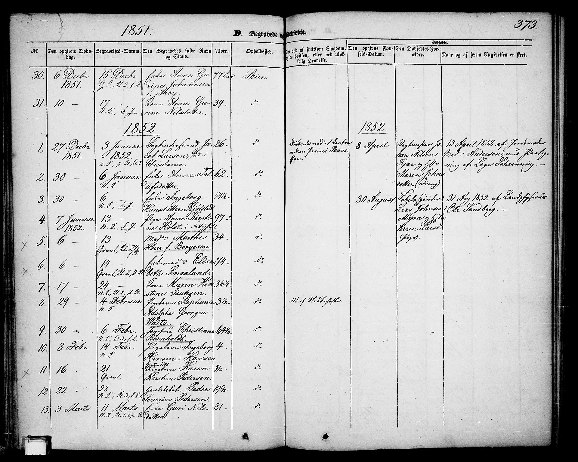 Skien kirkebøker, SAKO/A-302/G/Ga/L0004: Parish register (copy) no. 4, 1843-1867, p. 373