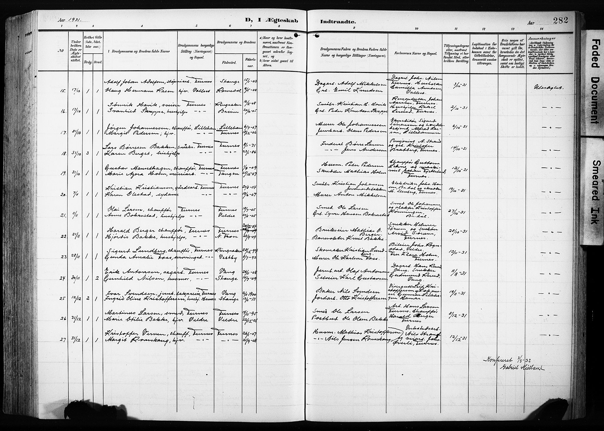 Furnes prestekontor, AV/SAH-PREST-012/L/La/L0001: Parish register (copy) no. 1, 1904-1933, p. 282