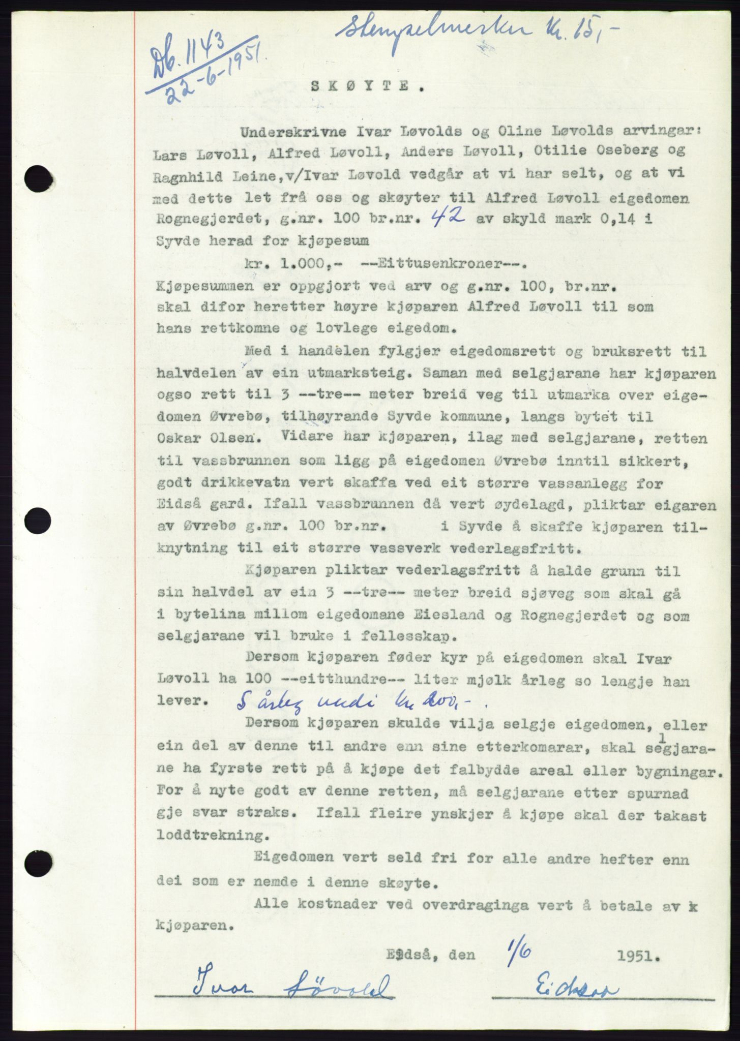 Søre Sunnmøre sorenskriveri, AV/SAT-A-4122/1/2/2C/L0089: Mortgage book no. 15A, 1951-1951, Diary no: : 1143/1951