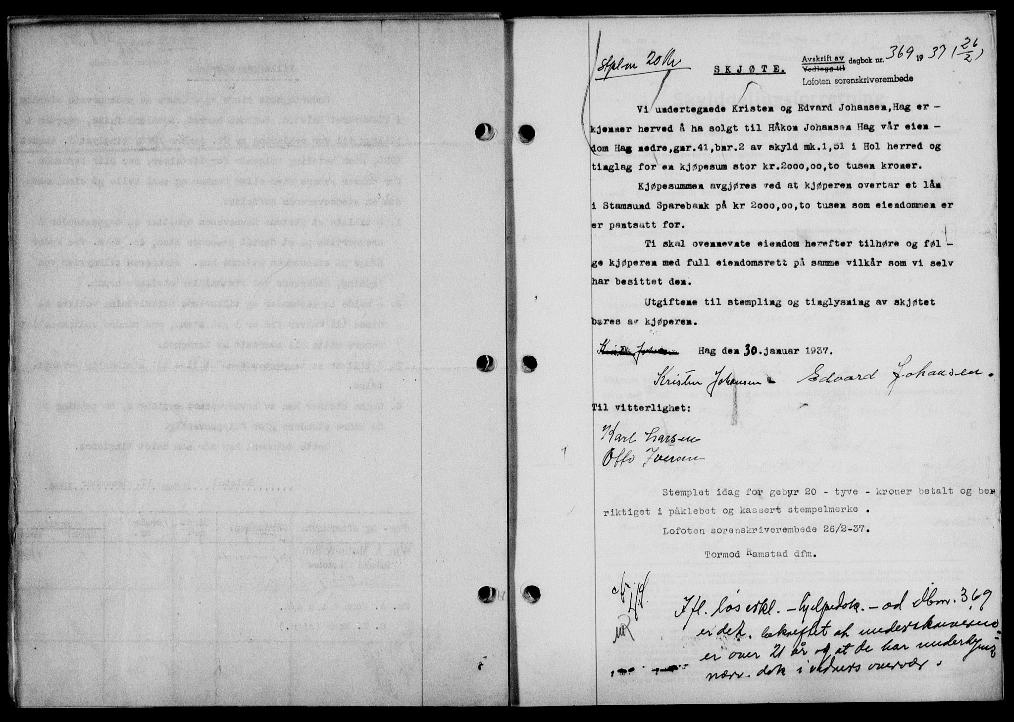 Lofoten sorenskriveri, SAT/A-0017/1/2/2C/L0001a: Mortgage book no. 1a, 1936-1937, Diary no: : 369/1937