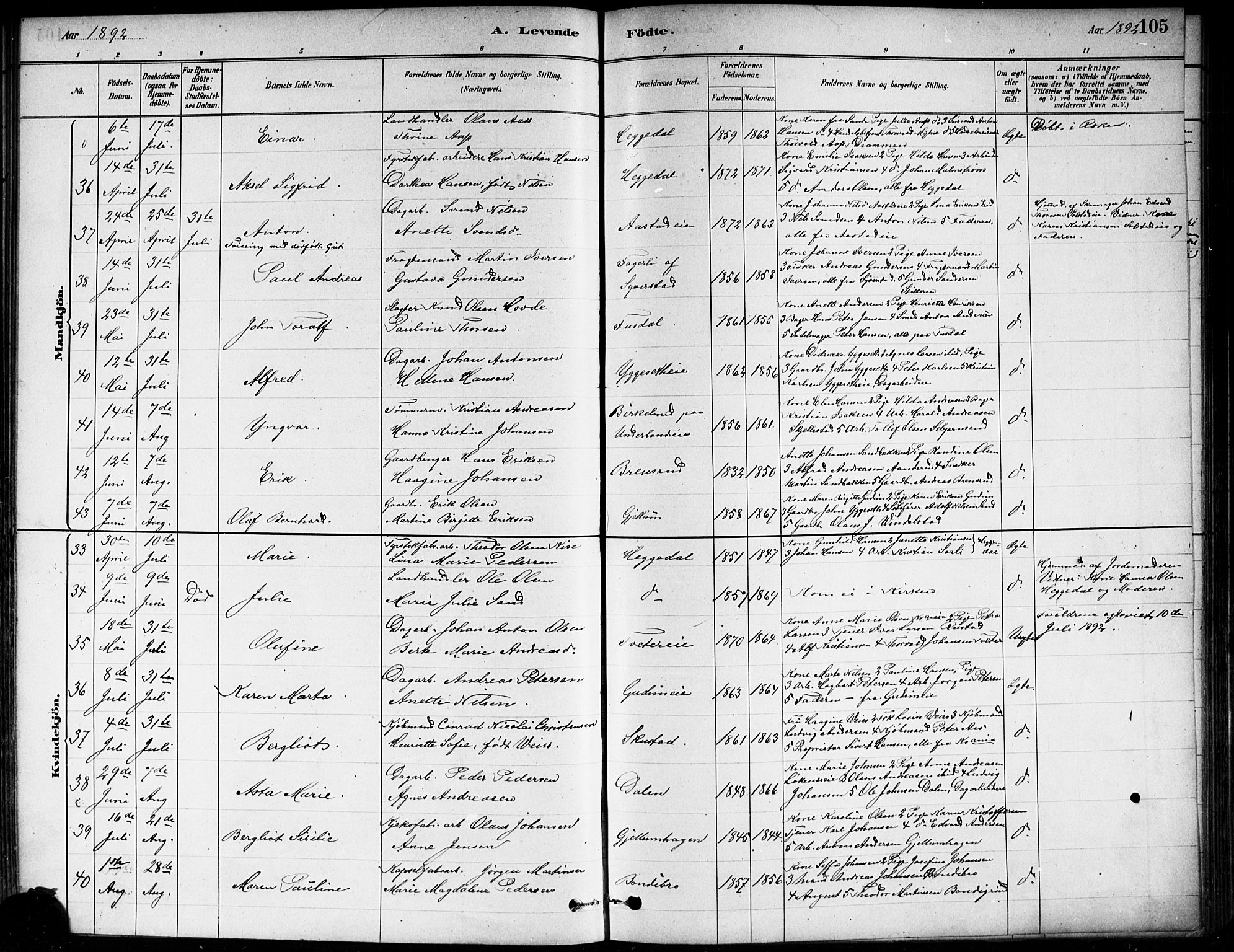 Asker prestekontor Kirkebøker, AV/SAO-A-10256a/F/Fa/L0013: Parish register (official) no. I 13, 1879-1896, p. 105