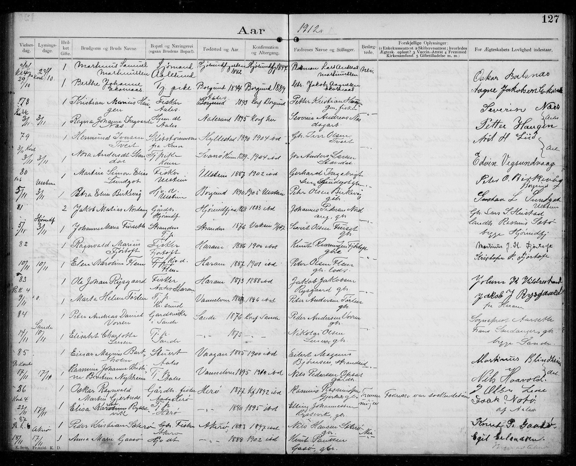 Ministerialprotokoller, klokkerbøker og fødselsregistre - Møre og Romsdal, AV/SAT-A-1454/529/L0458: Banns register no. 529A08, 1901-1918, p. 127