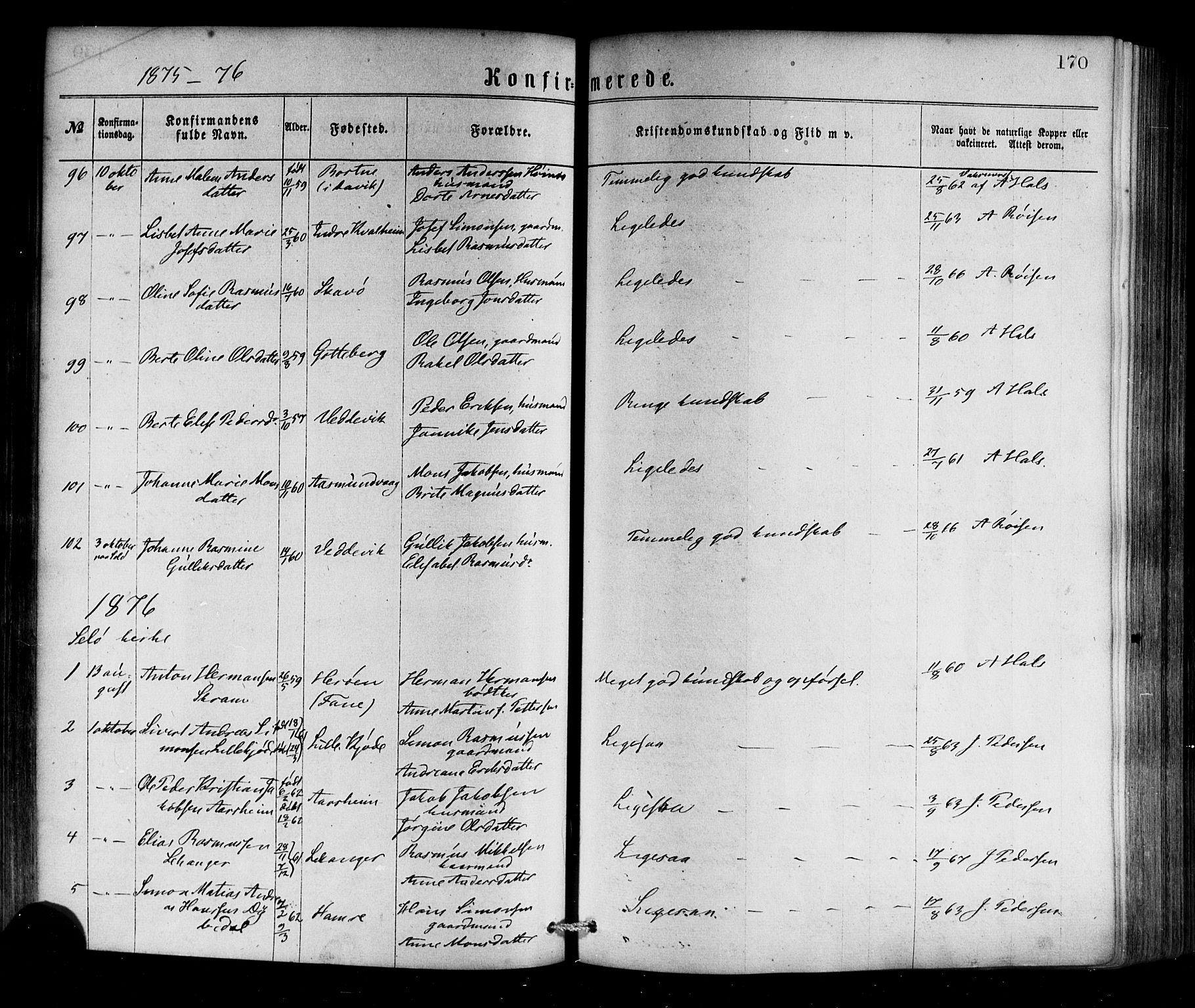 Selje sokneprestembete, SAB/A-99938/H/Ha/Haa/Haaa: Parish register (official) no. A 12, 1870-1880, p. 170