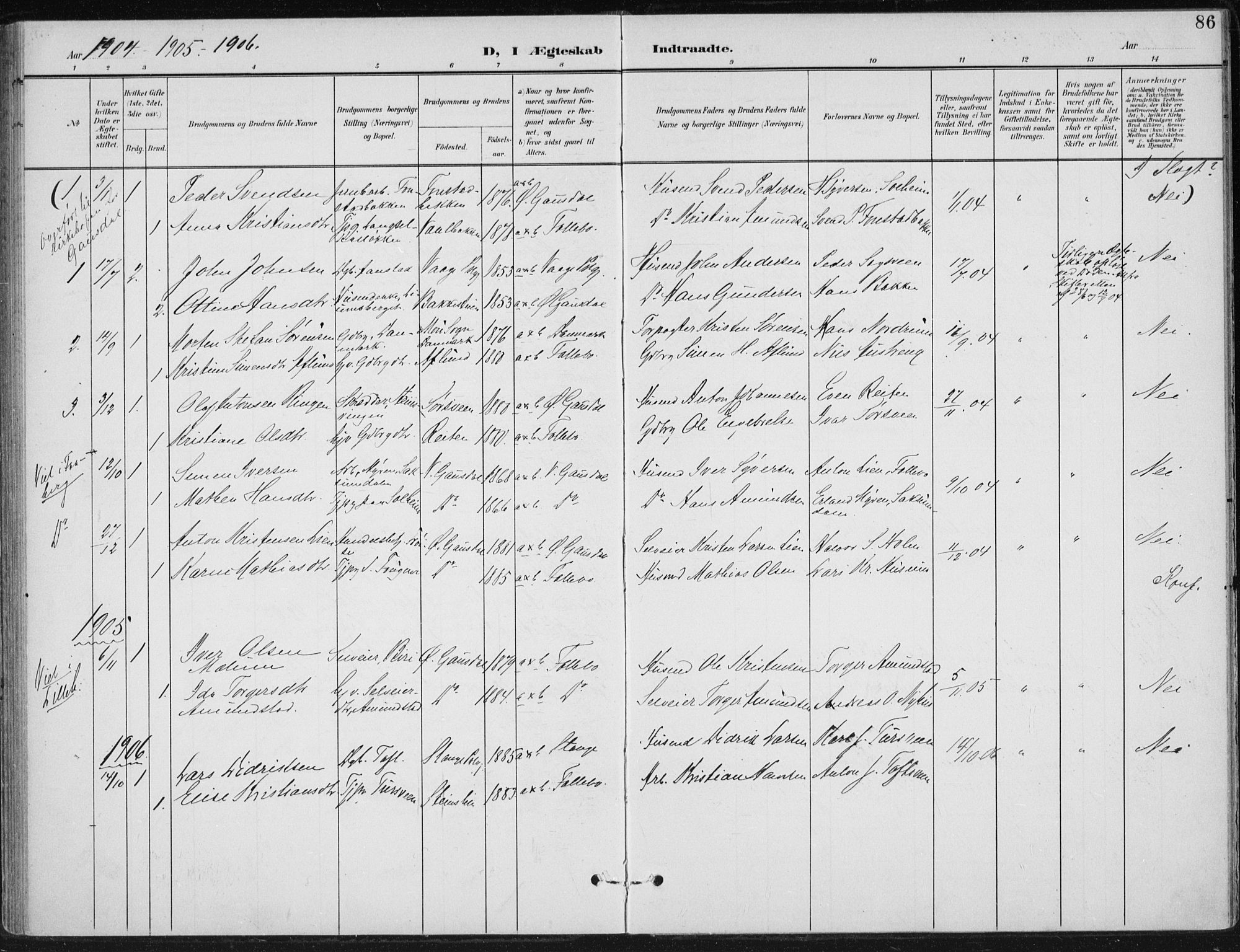 Østre Gausdal prestekontor, SAH/PREST-092/H/Ha/Haa/L0005: Parish register (official) no. 5, 1902-1920, p. 86