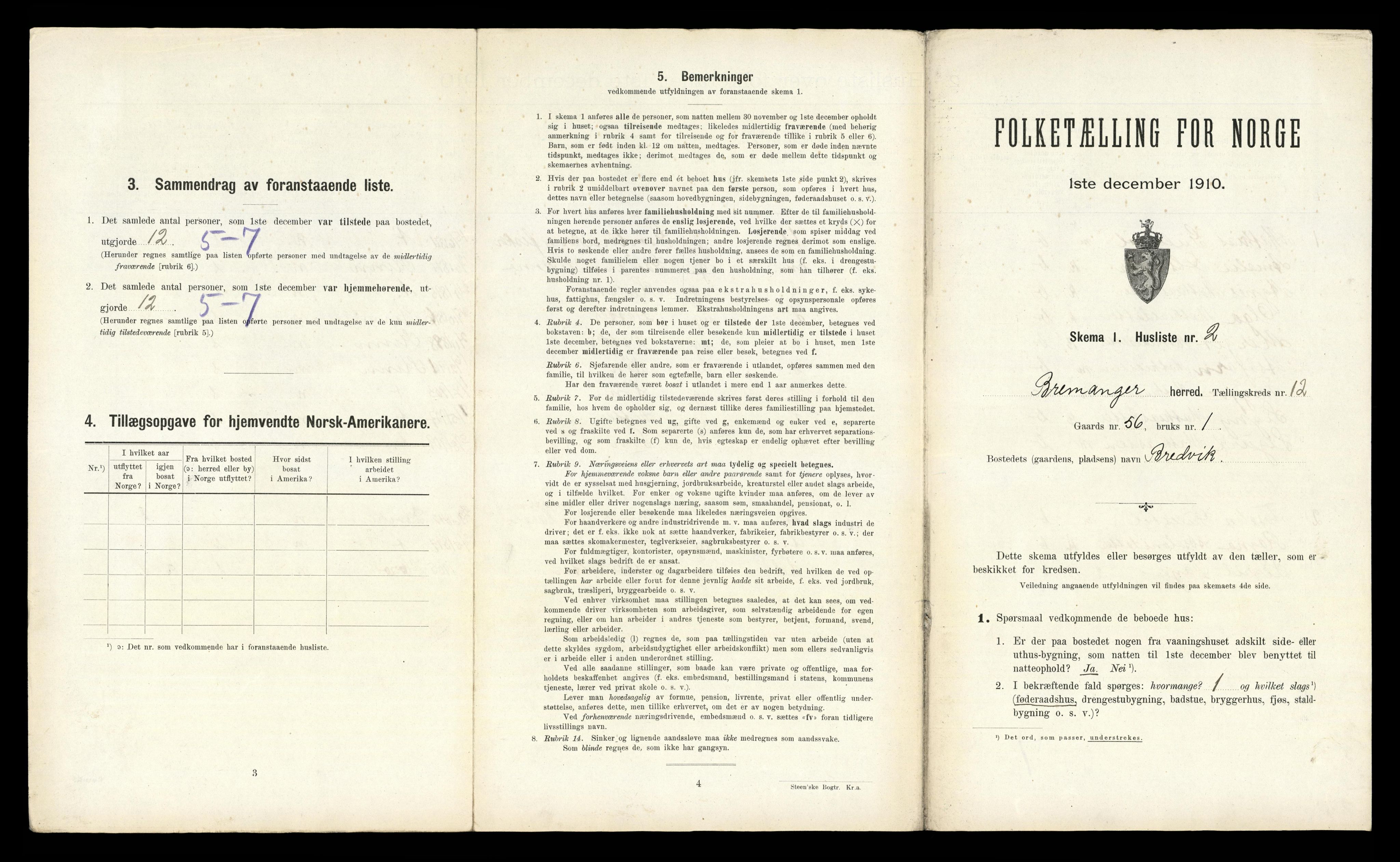 RA, 1910 census for Bremanger, 1910, p. 763