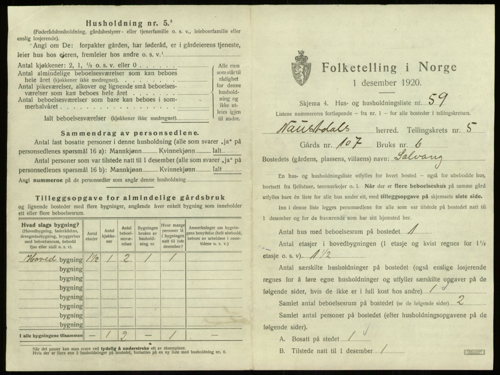 SAB, 1920 census for Naustdal, 1920, p. 509