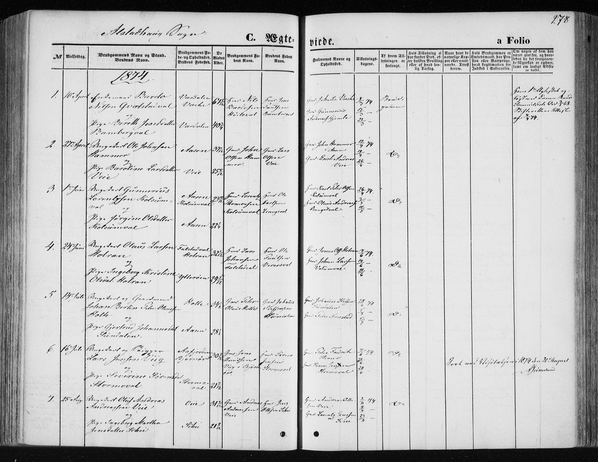 Ministerialprotokoller, klokkerbøker og fødselsregistre - Nord-Trøndelag, SAT/A-1458/717/L0157: Parish register (official) no. 717A08 /1, 1863-1877, p. 278