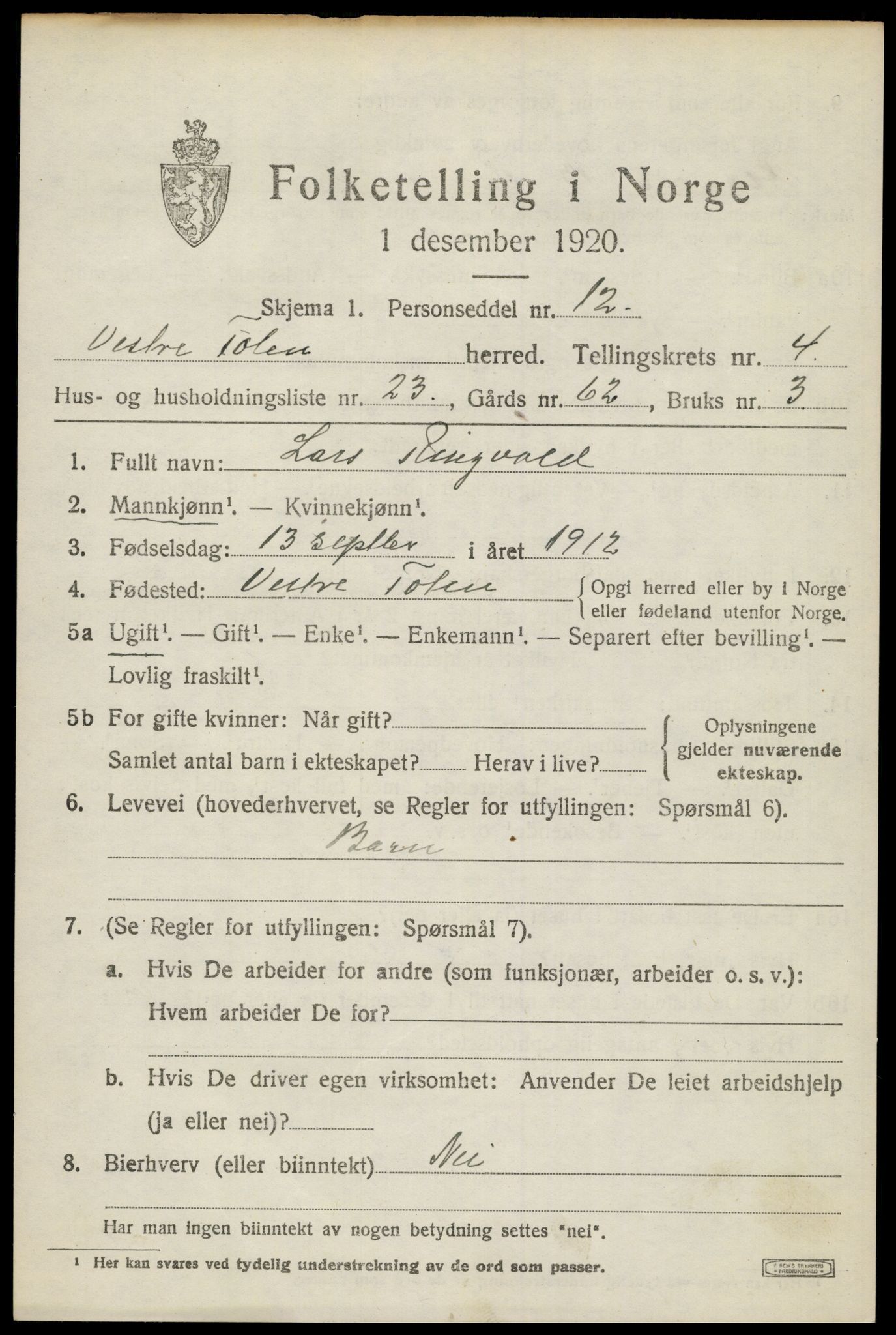 SAH, 1920 census for Vestre Toten, 1920, p. 5892