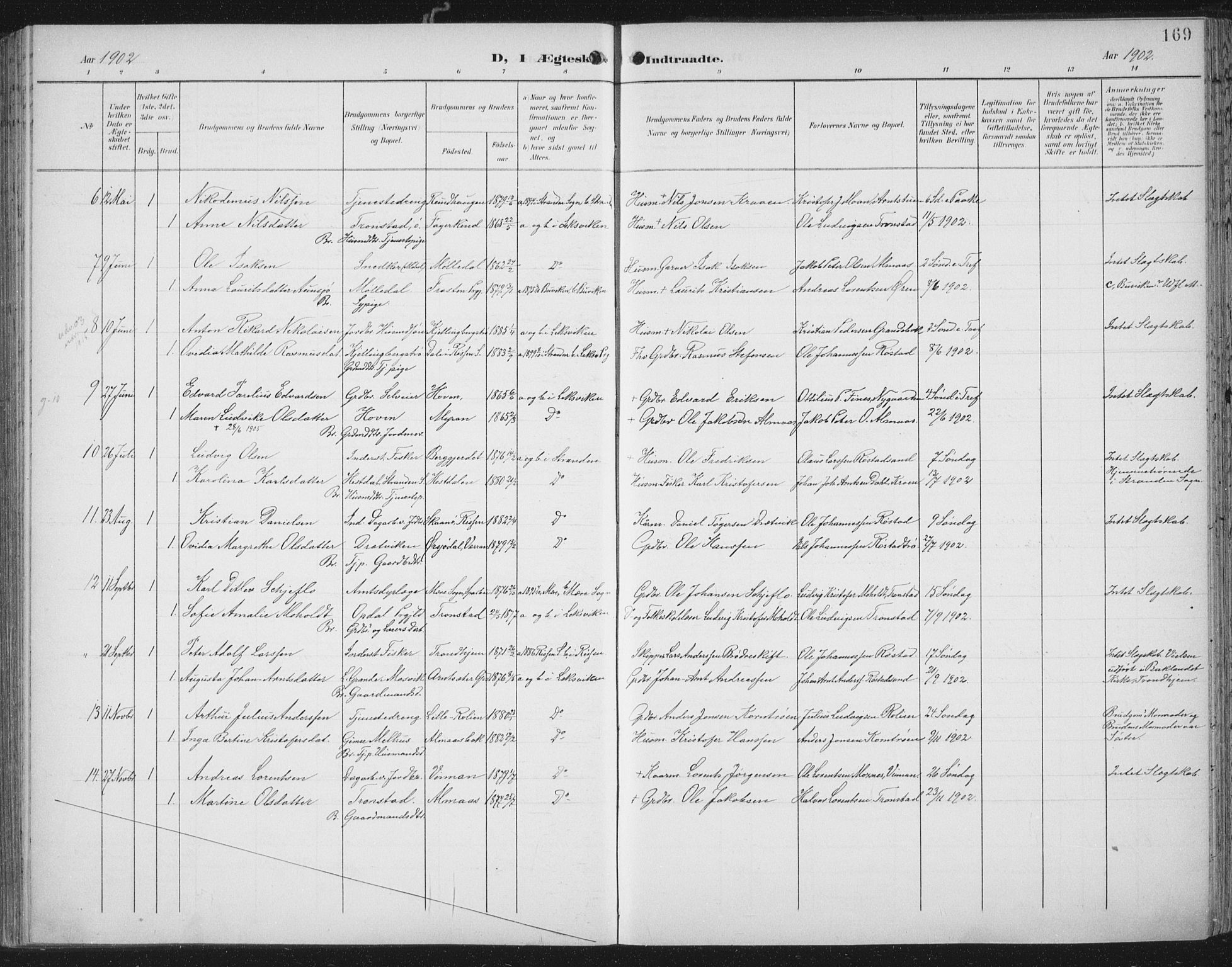 Ministerialprotokoller, klokkerbøker og fødselsregistre - Nord-Trøndelag, SAT/A-1458/701/L0011: Parish register (official) no. 701A11, 1899-1915, p. 169