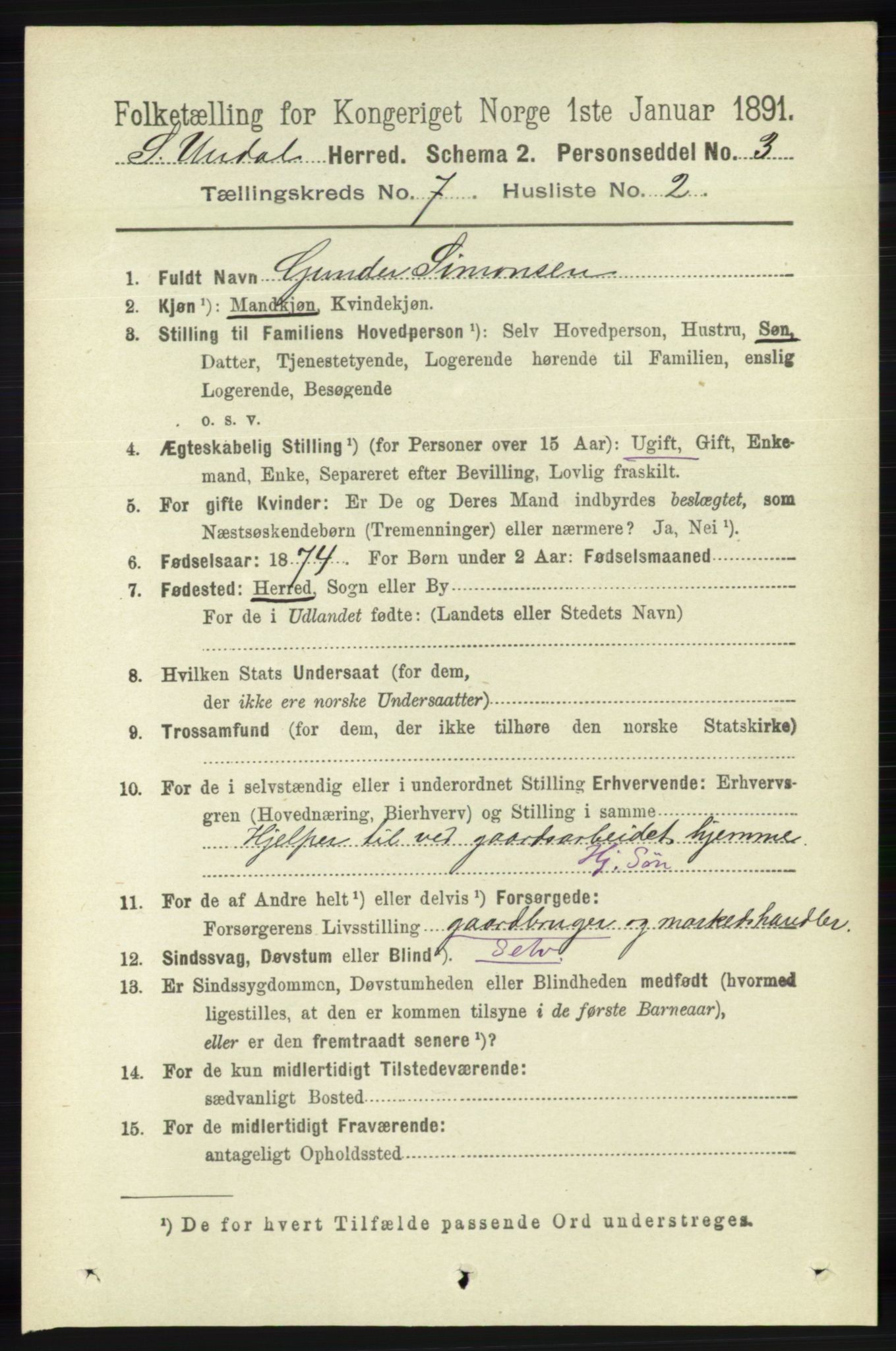 RA, 1891 census for 1029 Sør-Audnedal, 1891, p. 2630