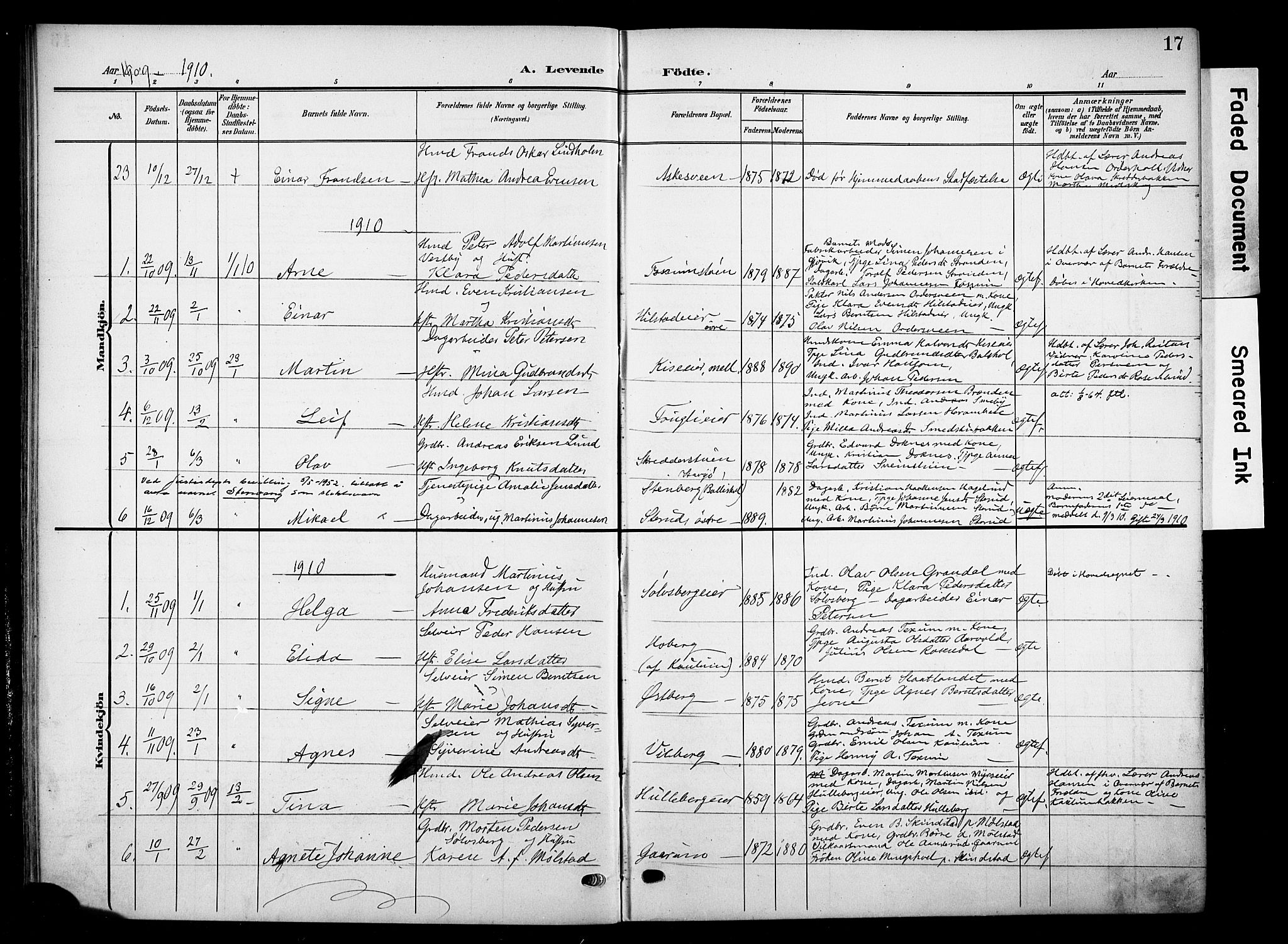 Nes prestekontor, Hedmark, SAH/PREST-020/K/Ka/L0013: Parish register (official) no. 13, 1906-1924, p. 17