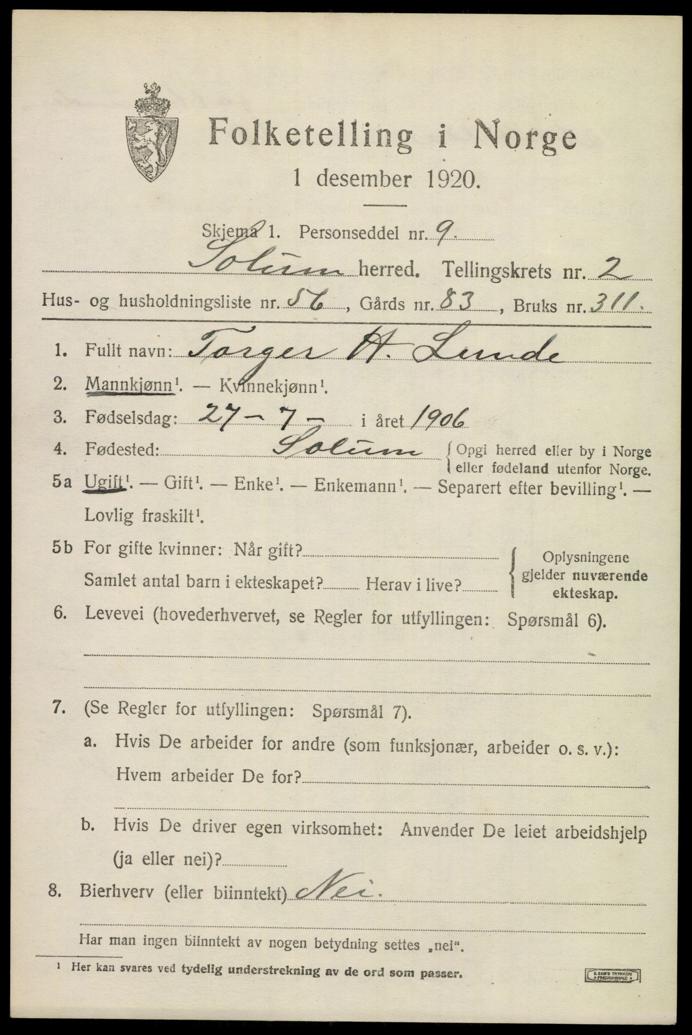 SAKO, 1920 census for Solum, 1920, p. 7672