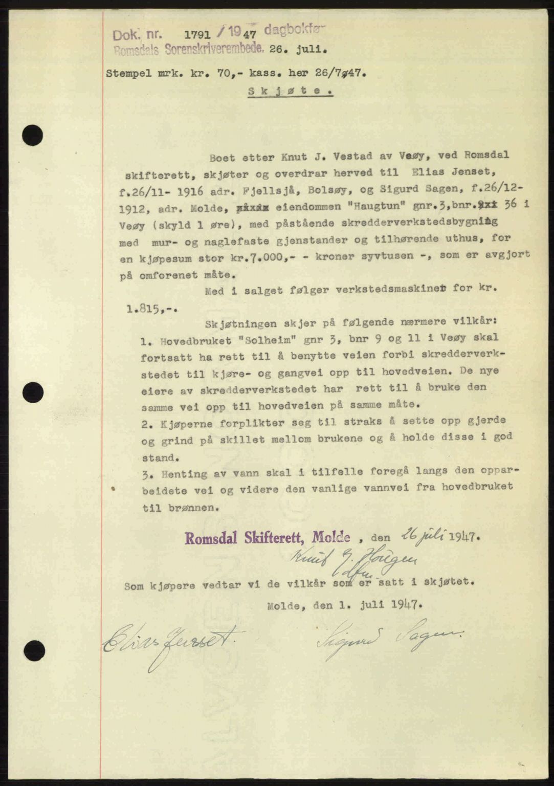 Romsdal sorenskriveri, AV/SAT-A-4149/1/2/2C: Mortgage book no. A23, 1947-1947, Diary no: : 1791/1947