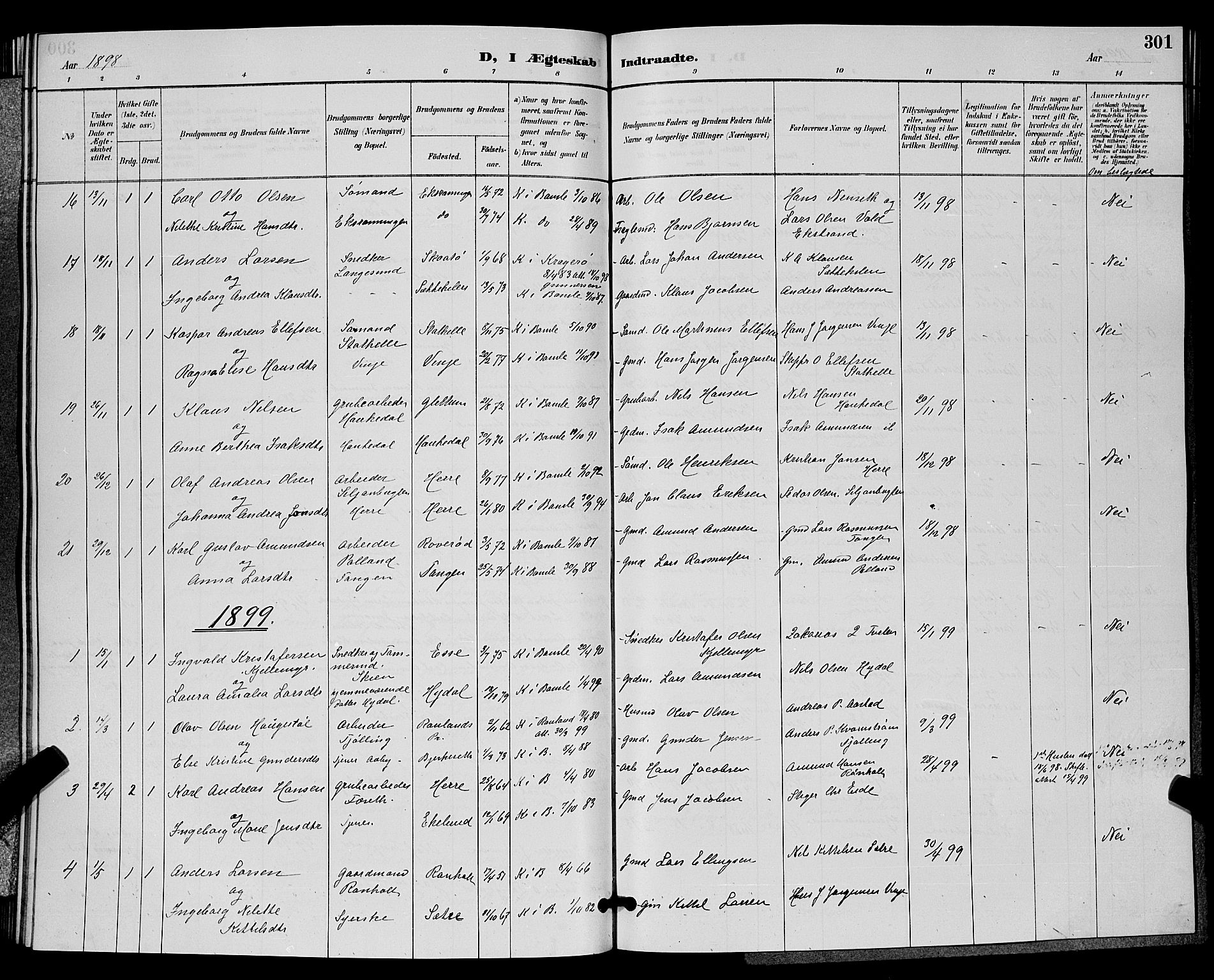 Bamble kirkebøker, SAKO/A-253/G/Ga/L0009: Parish register (copy) no. I 9, 1888-1900, p. 301