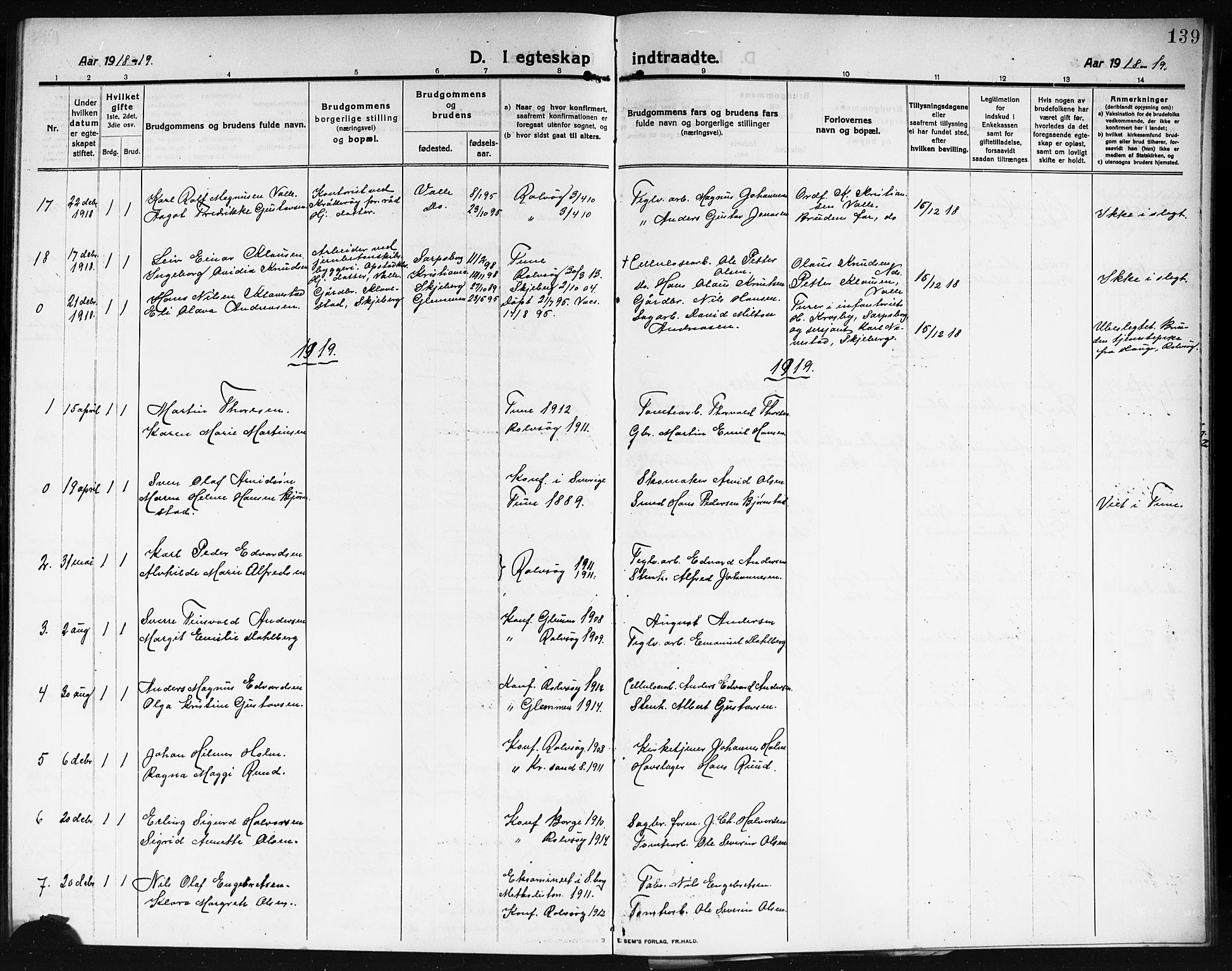 Rolvsøy prestekontor Kirkebøker, AV/SAO-A-2004/G/Ga/L0001: Parish register (copy) no. 1, 1911-1920, p. 139