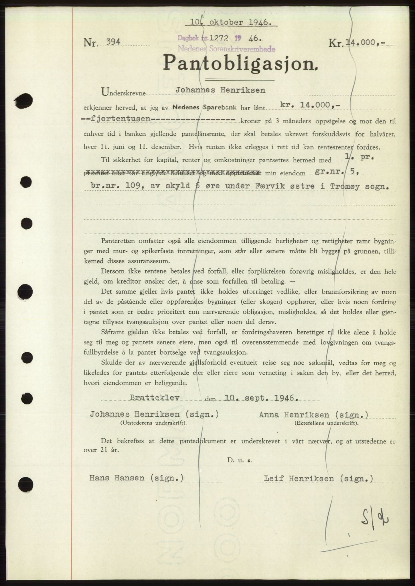 Nedenes sorenskriveri, SAK/1221-0006/G/Gb/Gbb/L0003: Mortgage book no. B3b, 1946-1946, Diary no: : 1272/1946