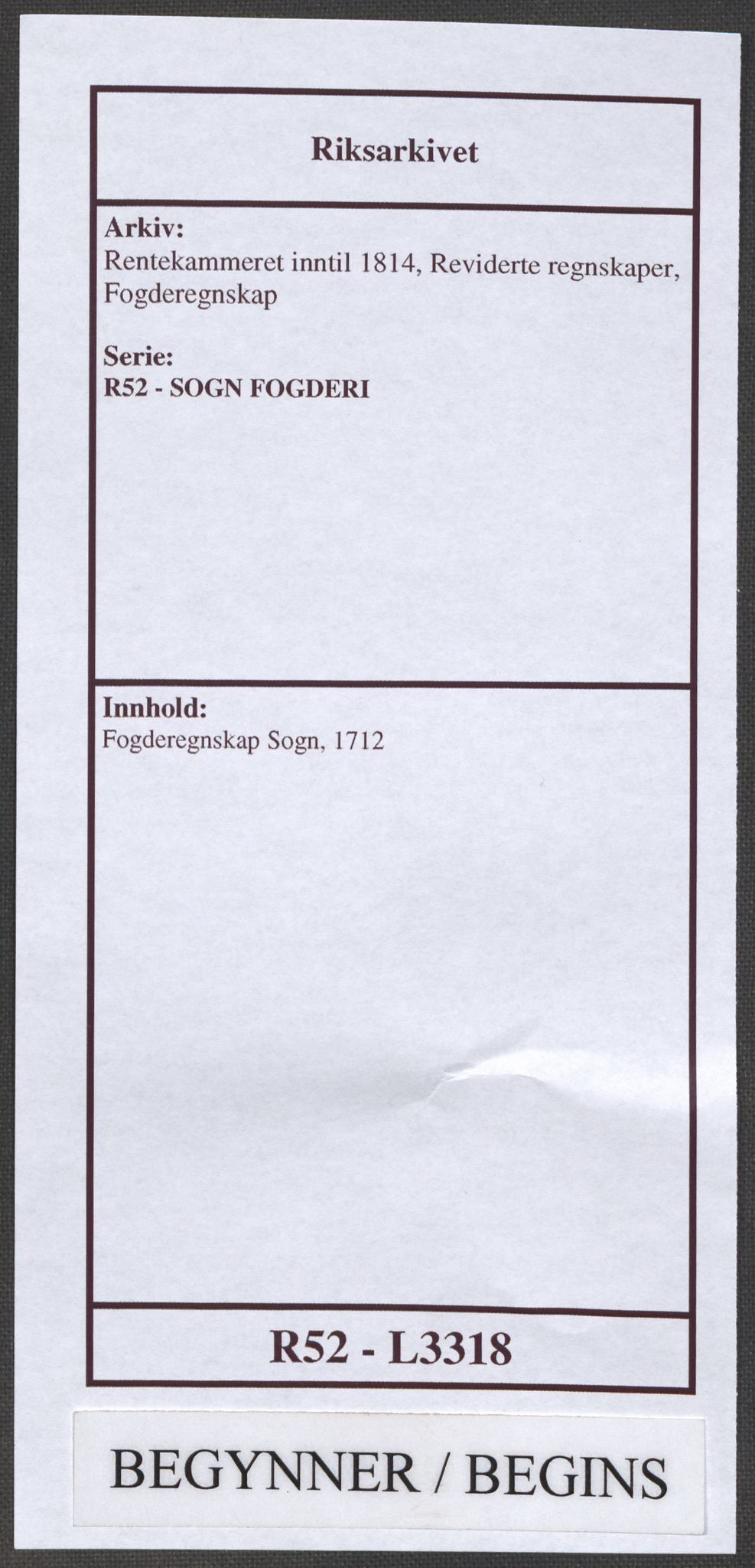 Rentekammeret inntil 1814, Reviderte regnskaper, Fogderegnskap, AV/RA-EA-4092/R52/L3318: Fogderegnskap Sogn, 1712, p. 1