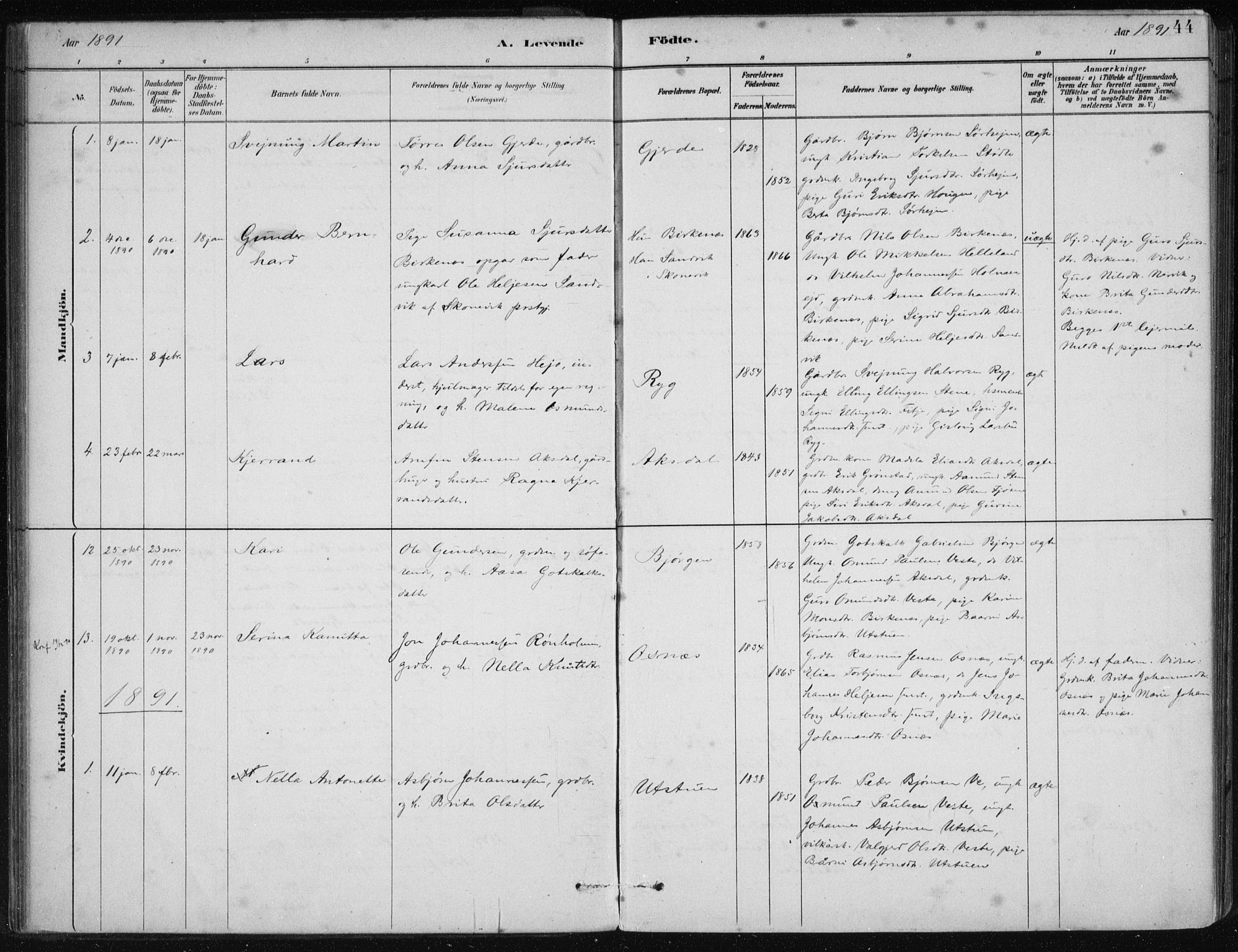 Etne sokneprestembete, AV/SAB-A-75001/H/Haa: Parish register (official) no. C  1, 1879-1919, p. 44