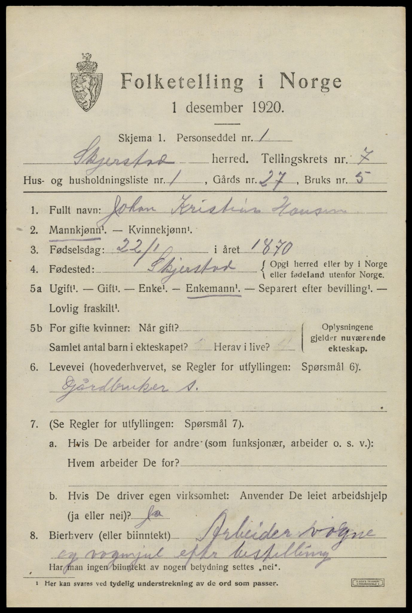 SAT, 1920 census for Skjerstad, 1920, p. 2421