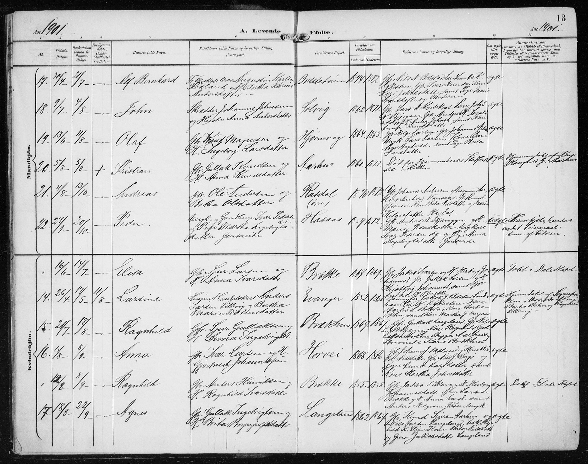Evanger sokneprestembete, SAB/A-99924: Parish register (official) no. A  3, 1900-1930, p. 13