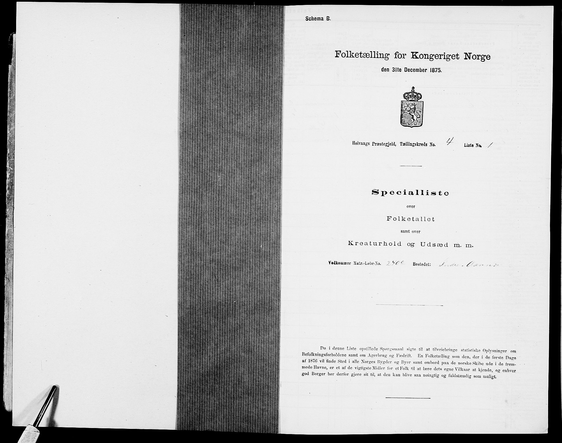 SAK, 1875 census for 0927P Høvåg, 1875, p. 442