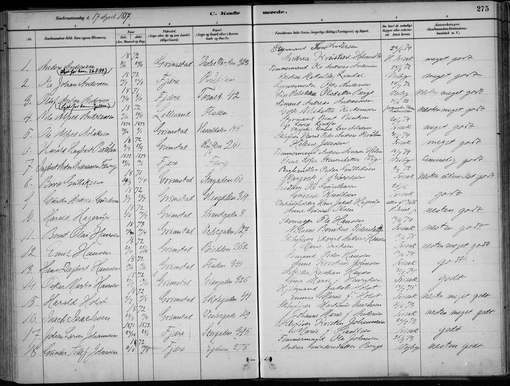 Grimstad sokneprestkontor, SAK/1111-0017/F/Fa/L0003: Parish register (official) no. A 2, 1882-1912, p. 275