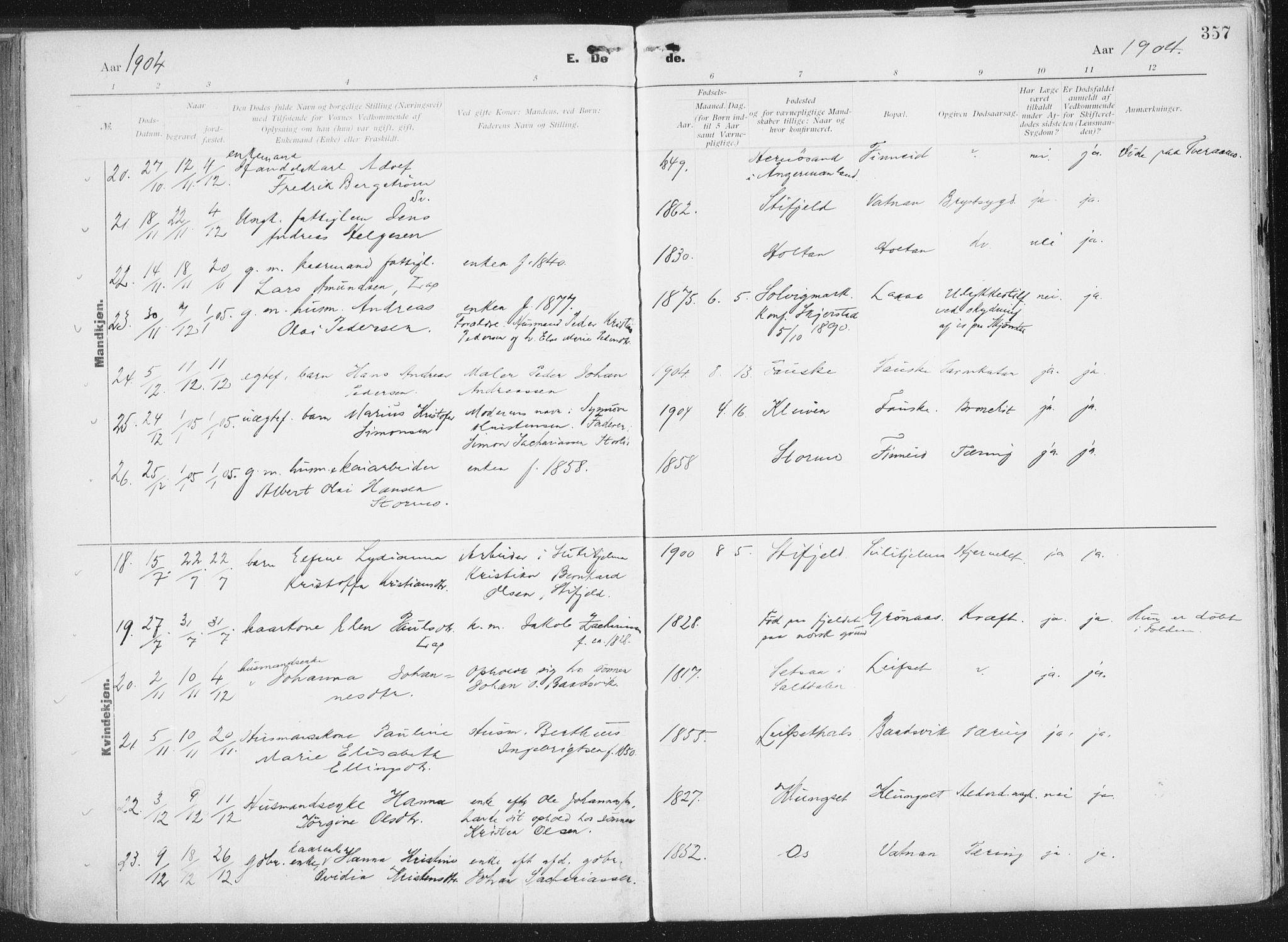 Ministerialprotokoller, klokkerbøker og fødselsregistre - Nordland, AV/SAT-A-1459/849/L0696: Parish register (official) no. 849A08, 1898-1910, p. 357