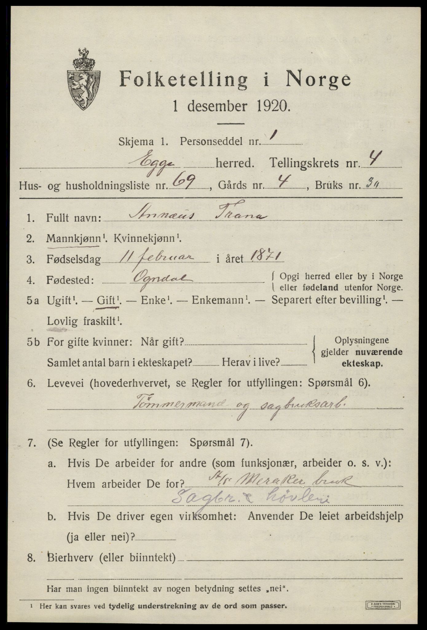SAT, 1920 census for Egge, 1920, p. 3304