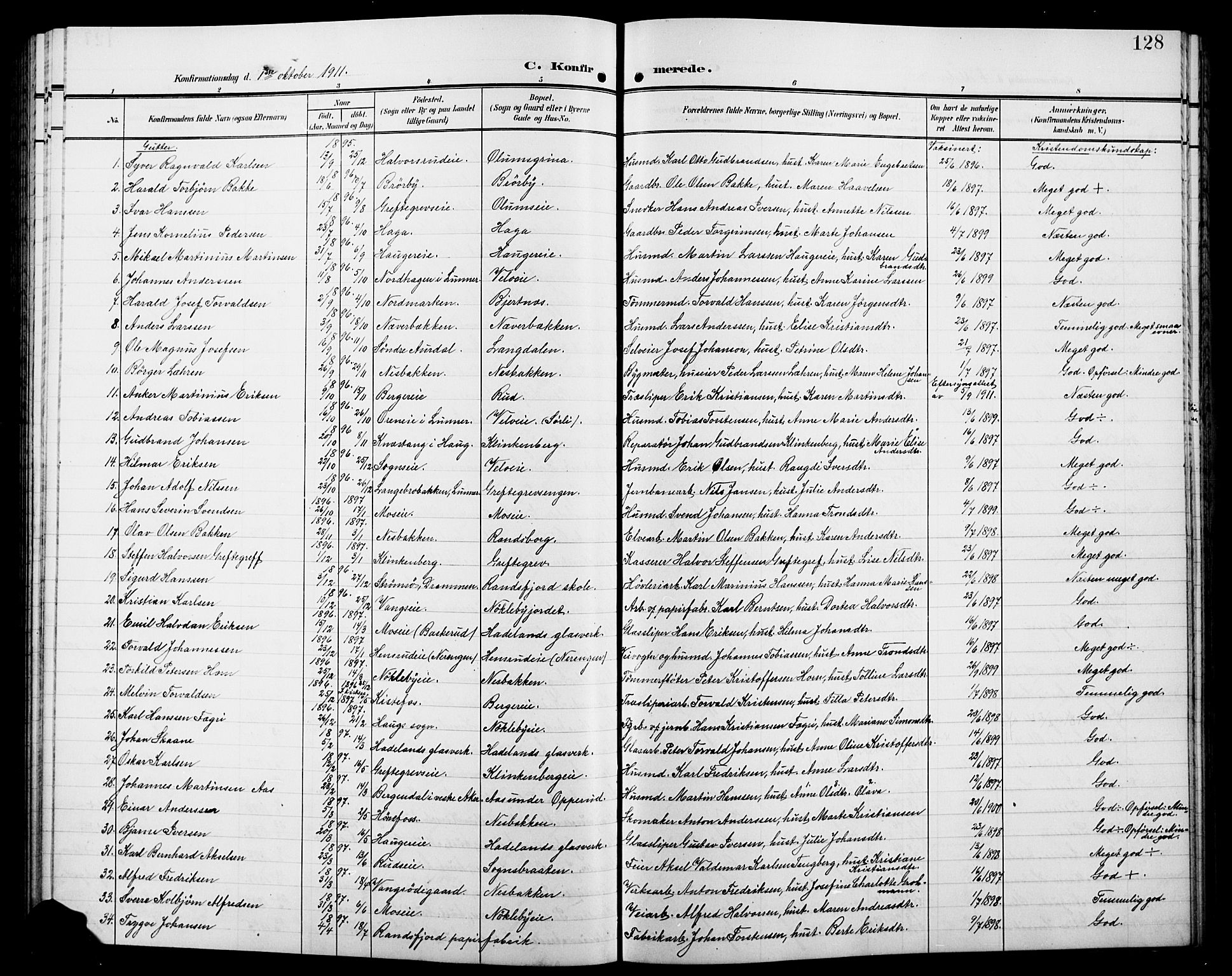 Jevnaker prestekontor, SAH/PREST-116/H/Ha/Hab/L0004: Parish register (copy) no. 4, 1907-1918, p. 128
