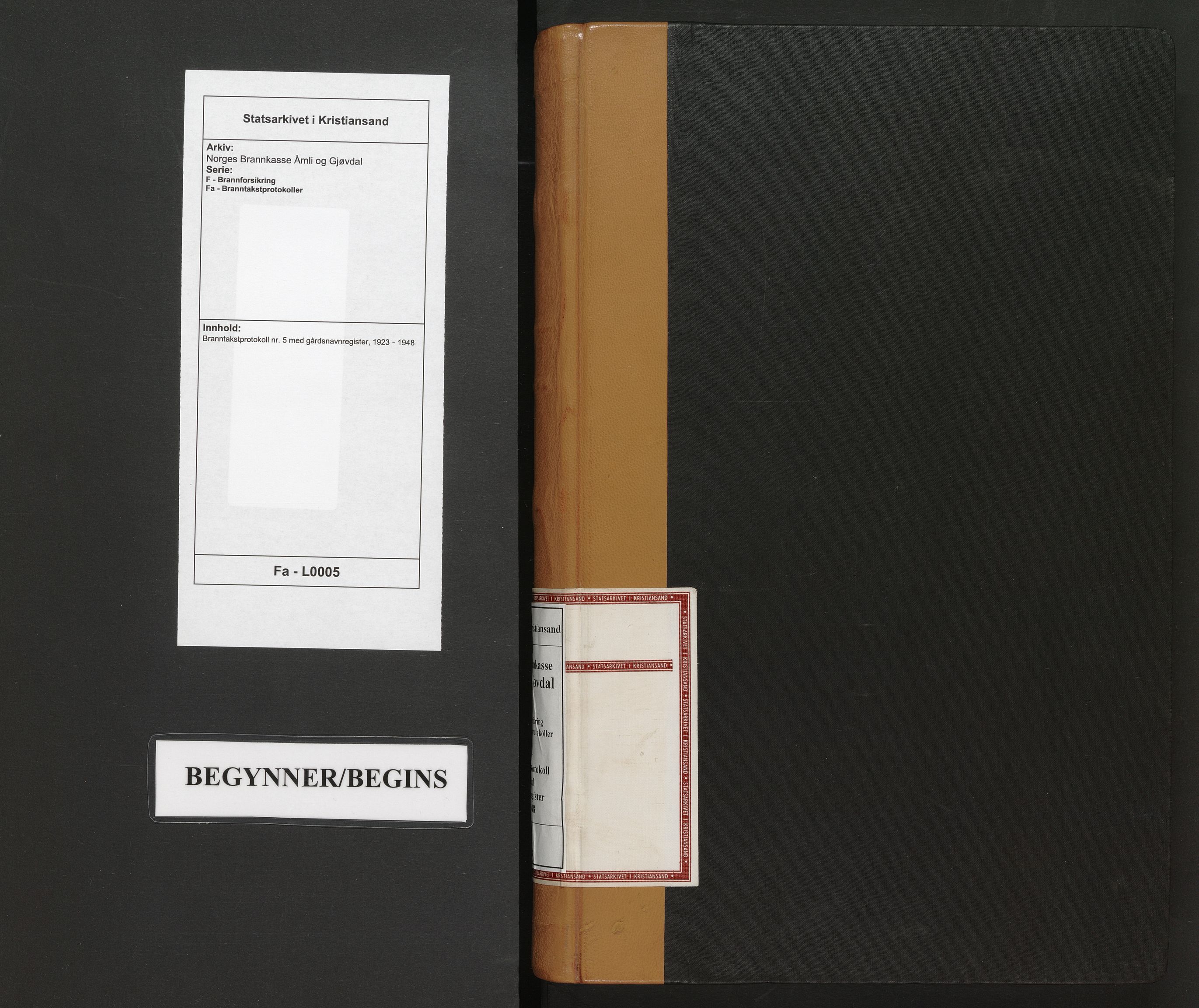 Norges Brannkasse Åmli og Gjøvdal, SAK/2241-0061/F/Fa/L0005: Branntakstprotokoll nr. 5 med gårdsnavnregister, 1923-1948