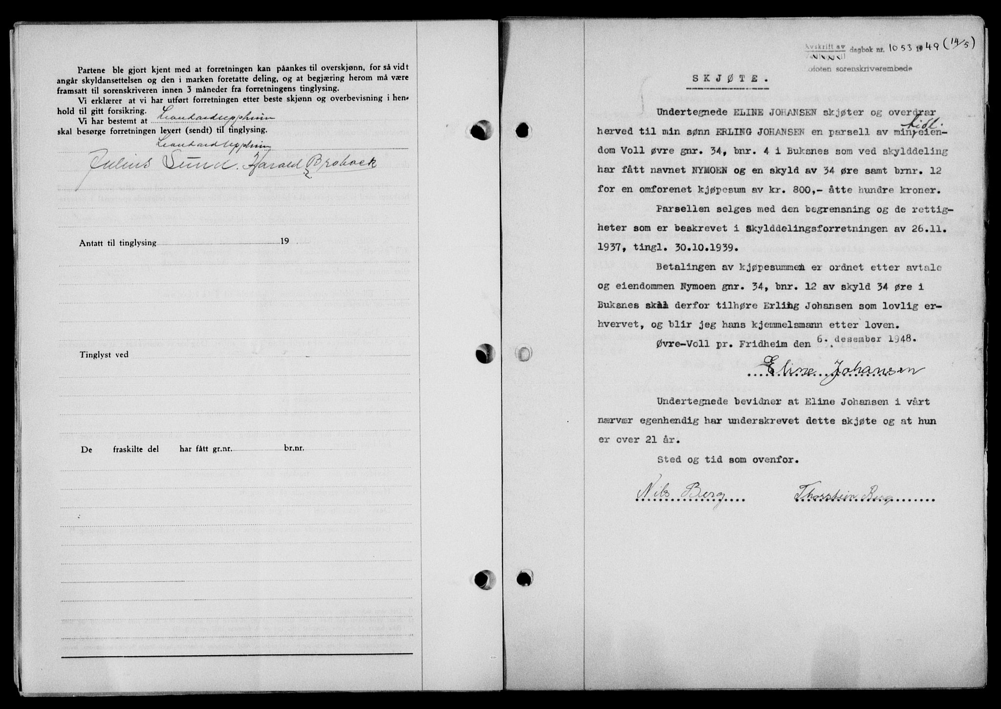 Lofoten sorenskriveri, SAT/A-0017/1/2/2C/L0020a: Mortgage book no. 20a, 1948-1949, Diary no: : 1053/1949